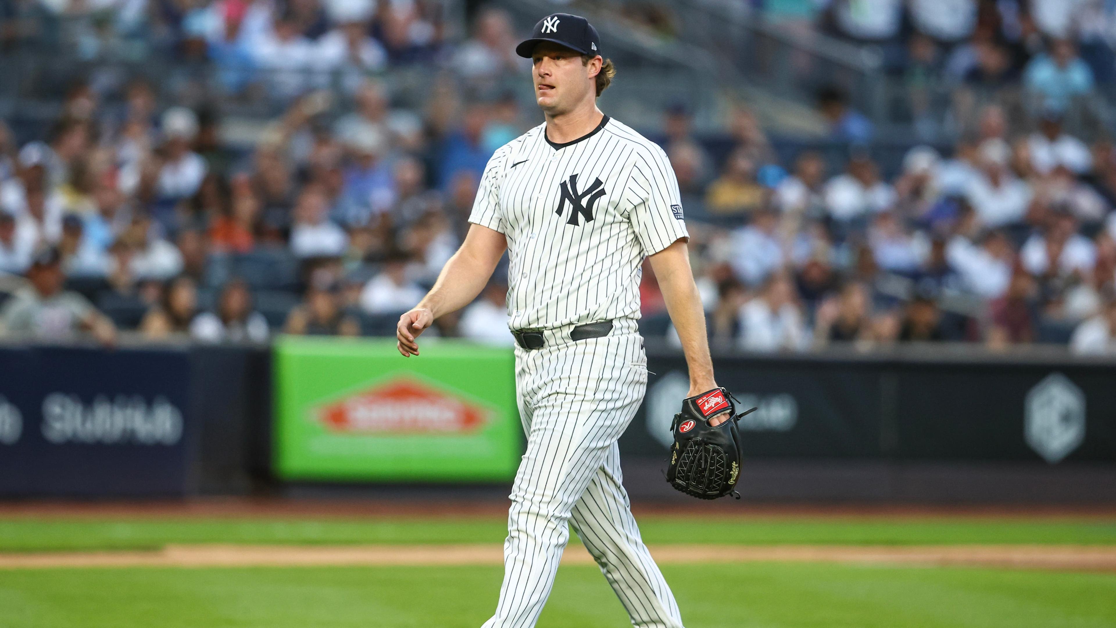 New York Yankees starting pitcher Gerrit Cole (45) walks off the mound after retiring the side in the third inning against the Baltimore Orioles at Yankee Stadium. / Wendell Cruz-USA TODAY Sports