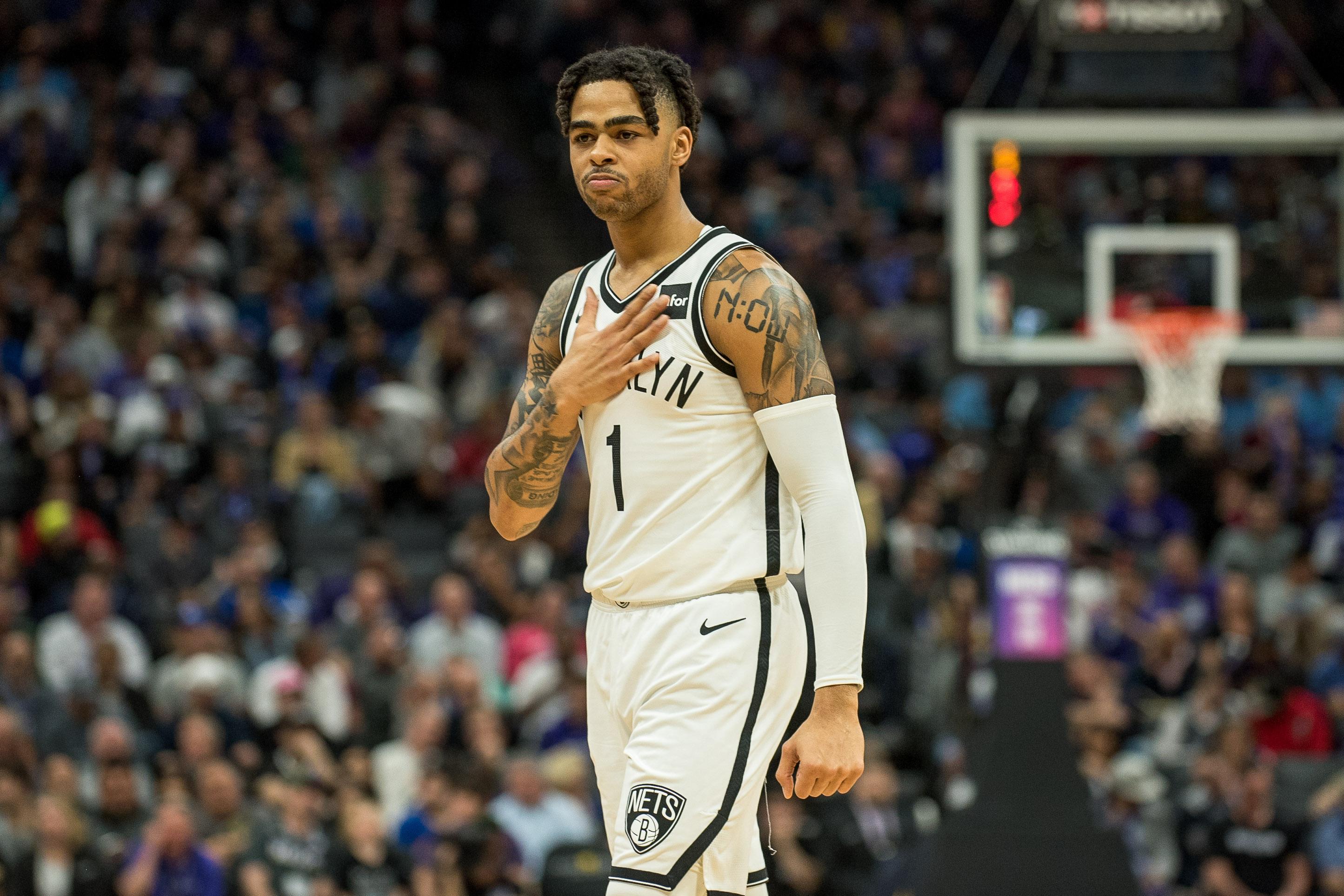 Mar 19, 2019; Sacramento, CA, USA; Brooklyn Nets guard D'Angelo Russell (1) slaps his chest during the second quarter against the Sacramento Kings at Golden 1 Center. Mandatory Credit: Ed Szczepanski-USA TODAY Sports