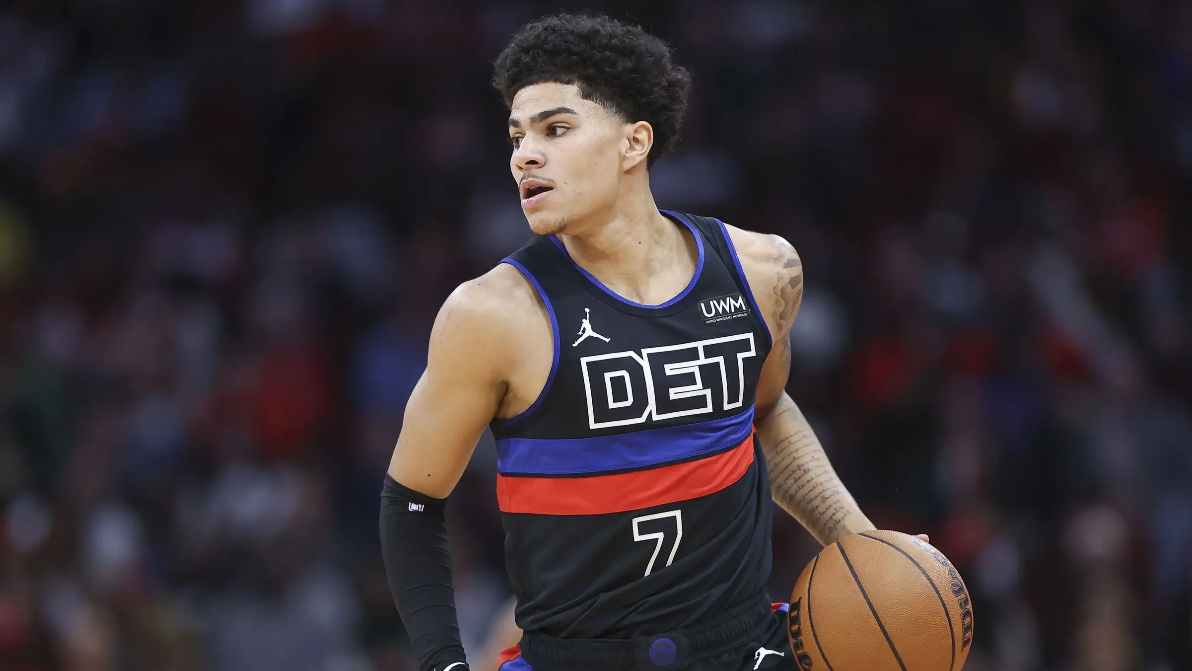 Jan 1, 2024; Houston, Texas, USA; Detroit Pistons guard Killian Hayes (7) in action during the game against the Houston Rockets at Toyota Center. 