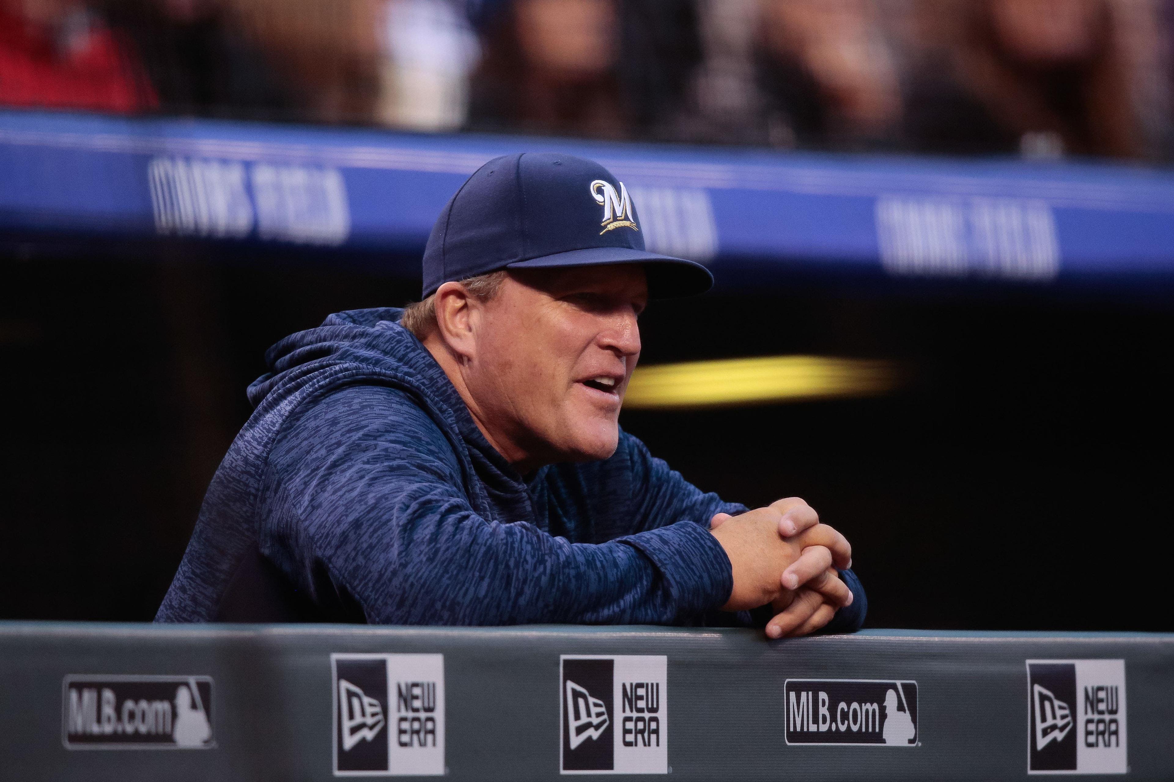 May 12, 2018; Denver, CO, USA; Milwaukee Brewers bench coach Pat Murphy (59) looks on in the first inning against the Colorado Rockies at Coors Field. Mandatory Credit: Isaiah J. Downing-USA TODAY Sports / Isaiah J. Downing