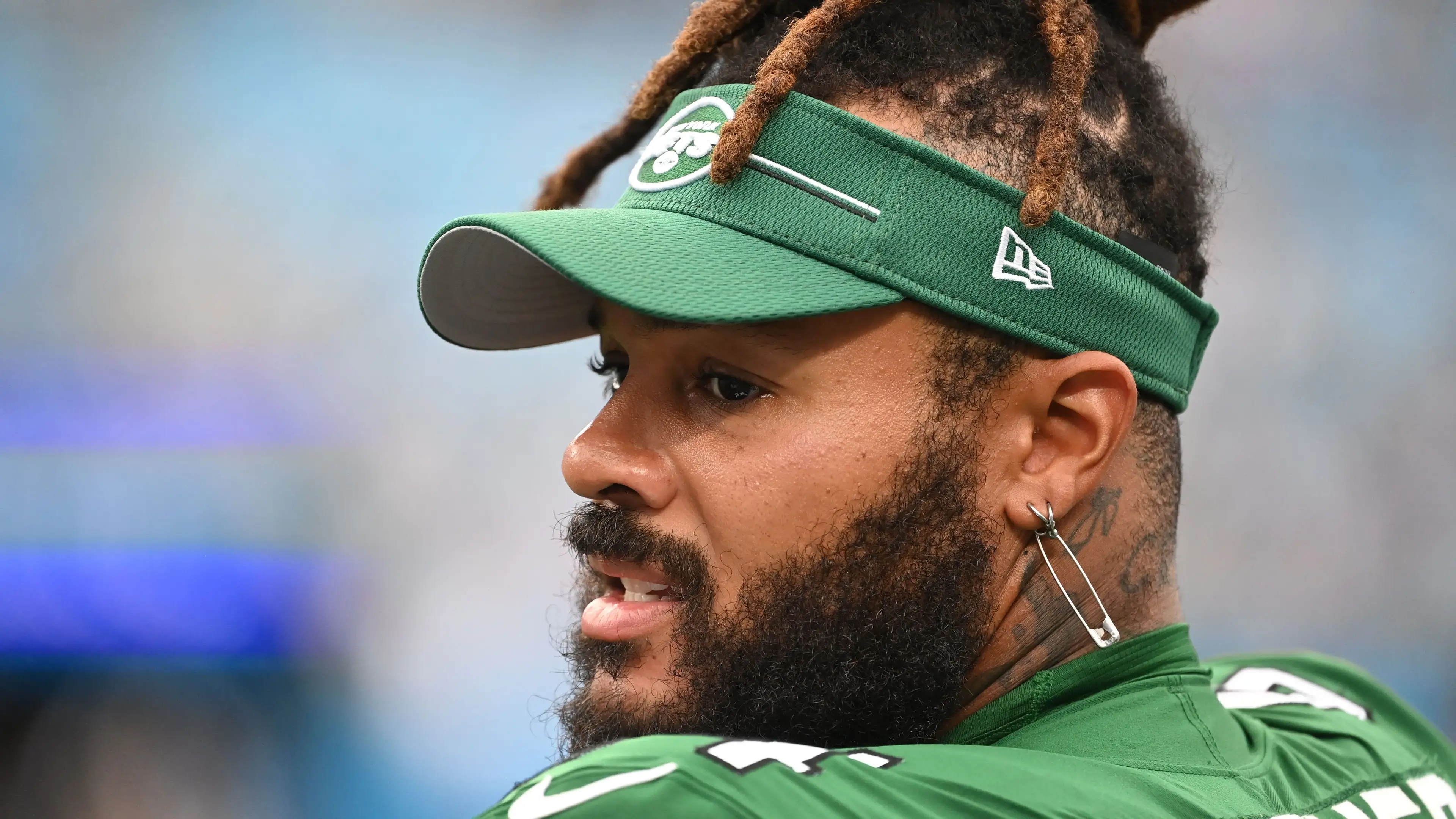 Aug 12, 2023; Charlotte, North Carolina, USA; New York Jets offensive tackle Billy Turner (54) on the sidelines in the fourth quarter at Bank of America Stadium. Mandatory Credit: Bob Donnan-USA TODAY Sports / © Bob Donnan-USA TODAY Sports