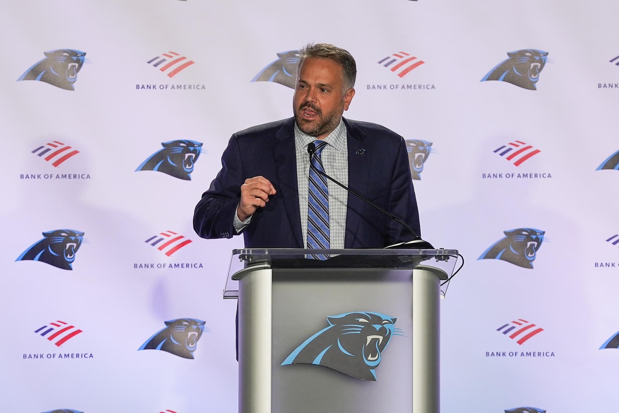 Jan 8, 2020; Charlotte, North Carolina, USA; Carolina Panthers new head coach Matt Ruhle addresses the media and fans at Atrium Health Dome. Mandatory Credit: Jim Dedmon-USA TODAY Sports