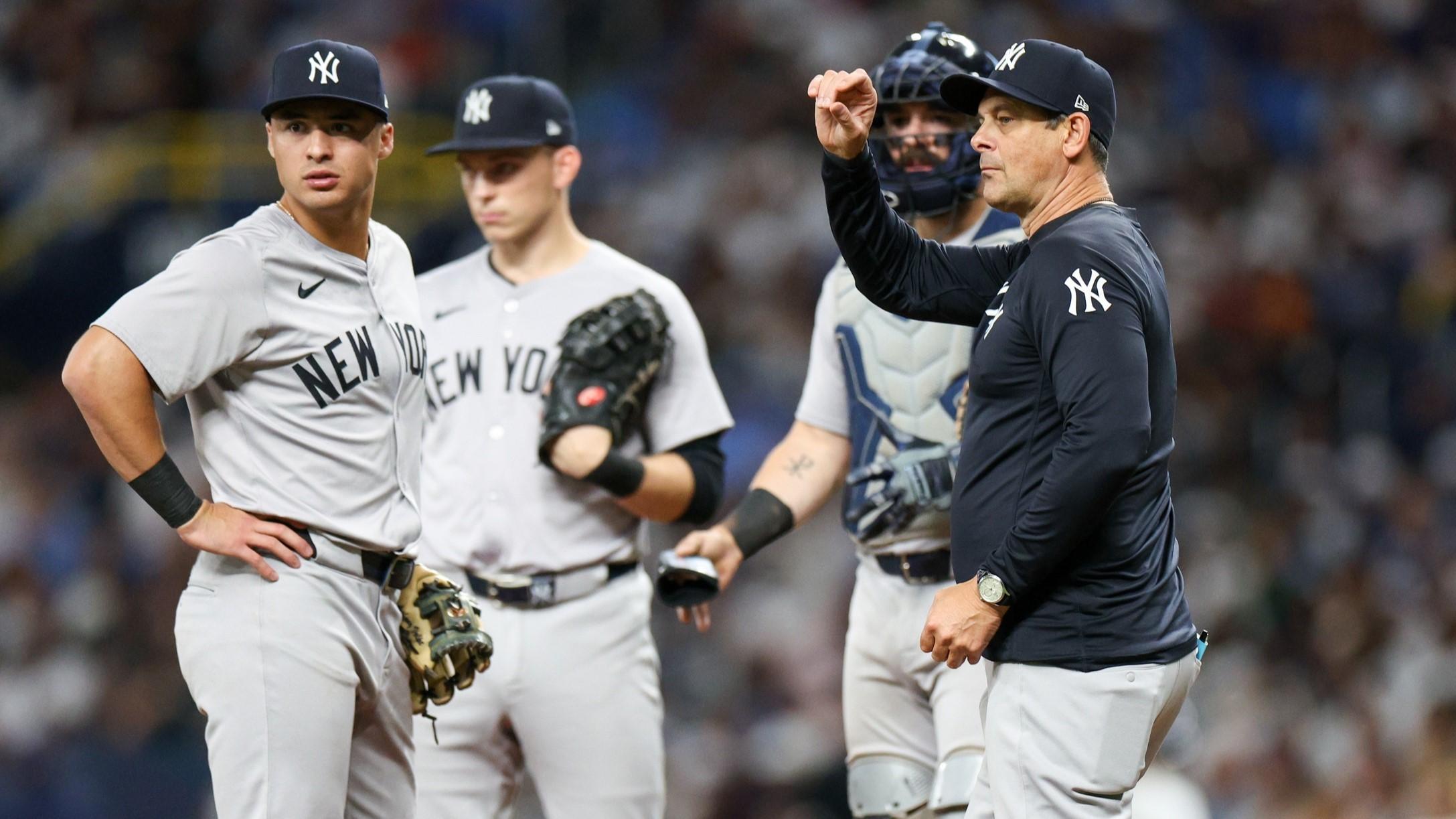 Jul 11, 2024; St. Petersburg, Florida, USA; New York Yankees manager Aaron Boone (17) makes a pitching change against the Tampa Bay Rays in the fifth inning at Tropicana Field.