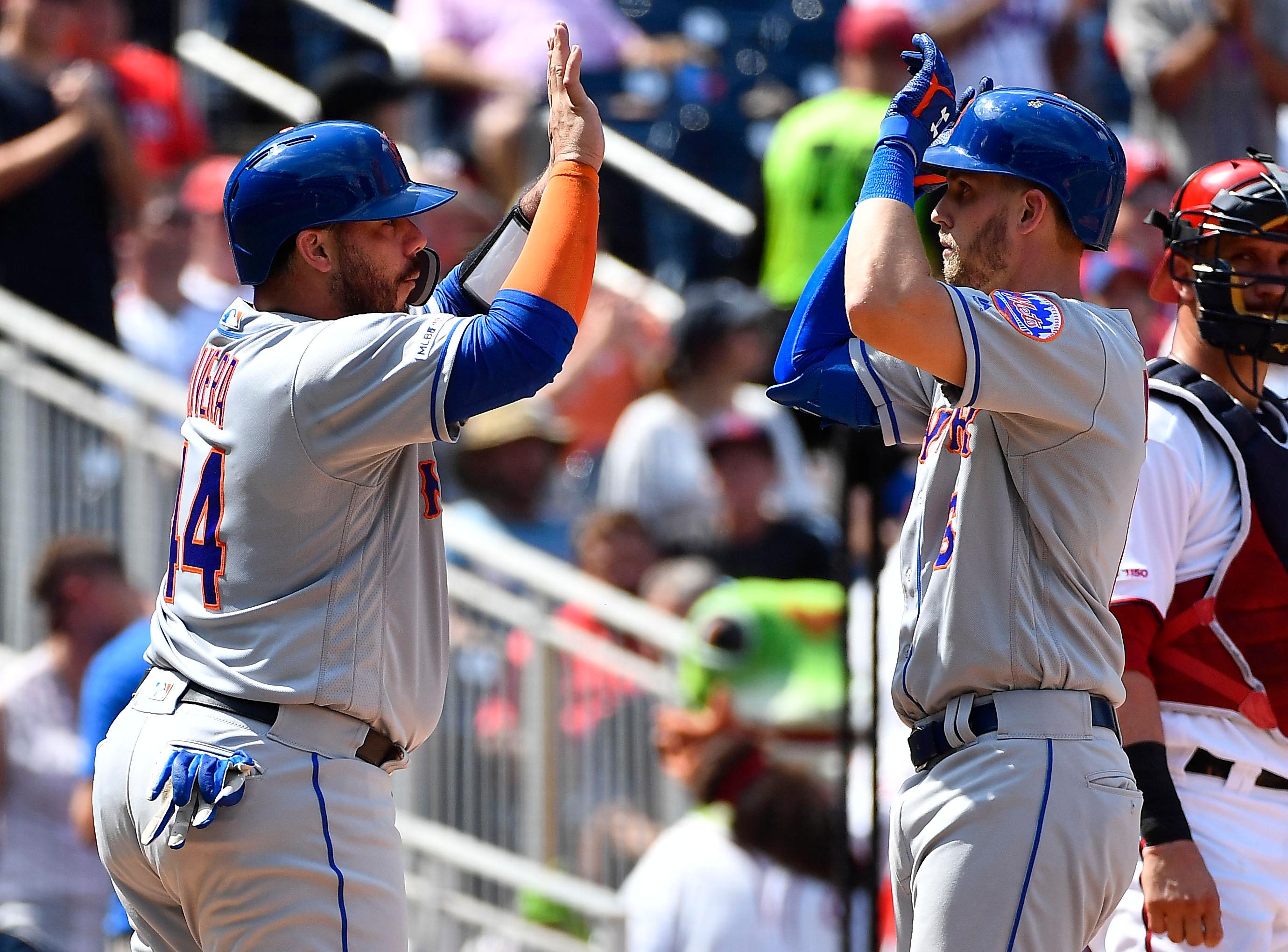 Sep 2, 2019; Washington, DC, USA; New York Mets left fielder Jeff McNeil (6) is congratulated by catcher Rene Rivera (44) after hitting a two run home run against the Washington Nationals during the fourth inning at Nationals Park. Mandatory Credit: Brad Mills-USA TODAY Sports