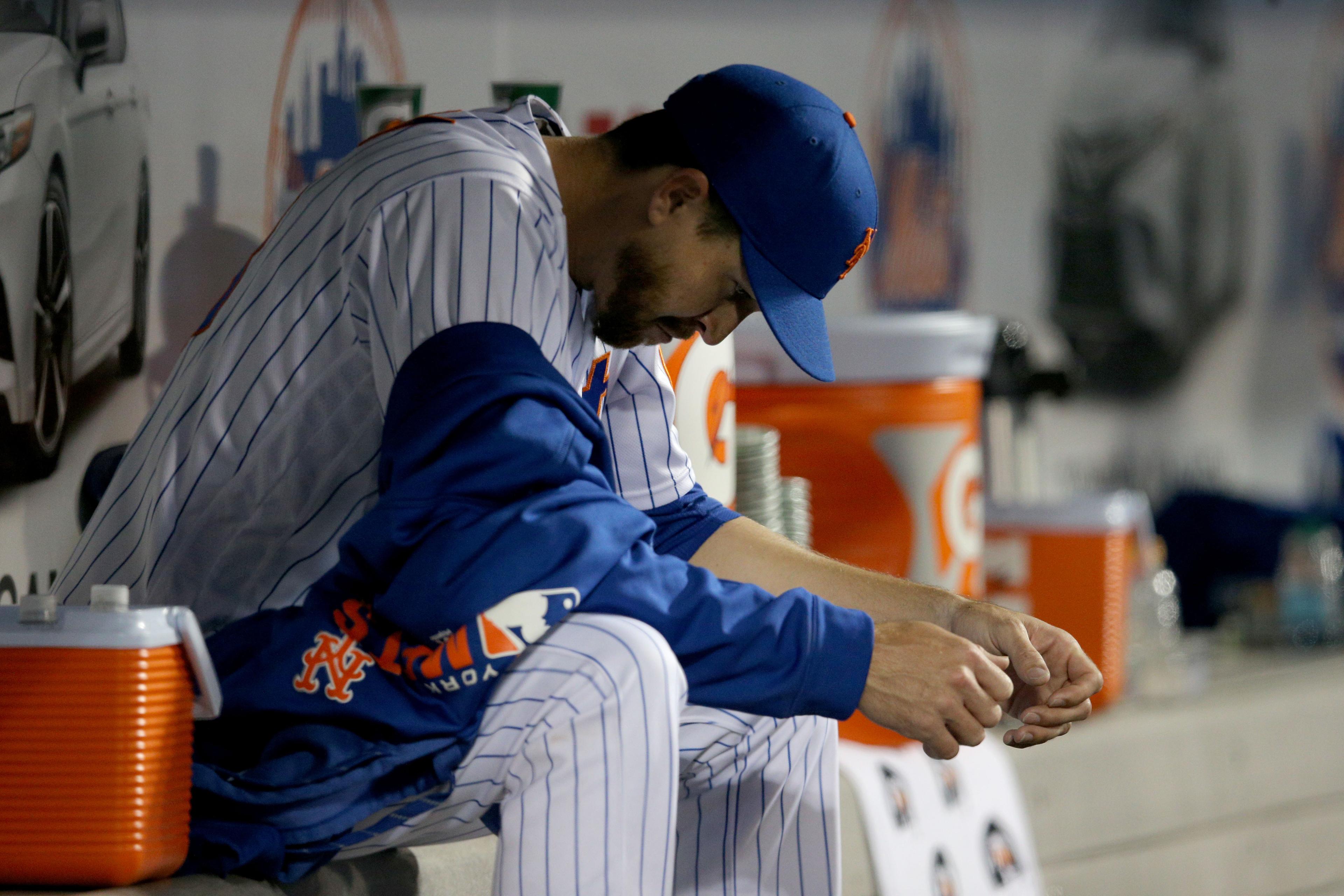 Apr 9, 2019; New York City, NY, USA; New York Mets starting pitcher Jacob deGrom (48) reacts in the dugout during the fourth inning against the Minnesota Twins at Citi Field. Mandatory Credit: Brad Penner-USA TODAY Sports