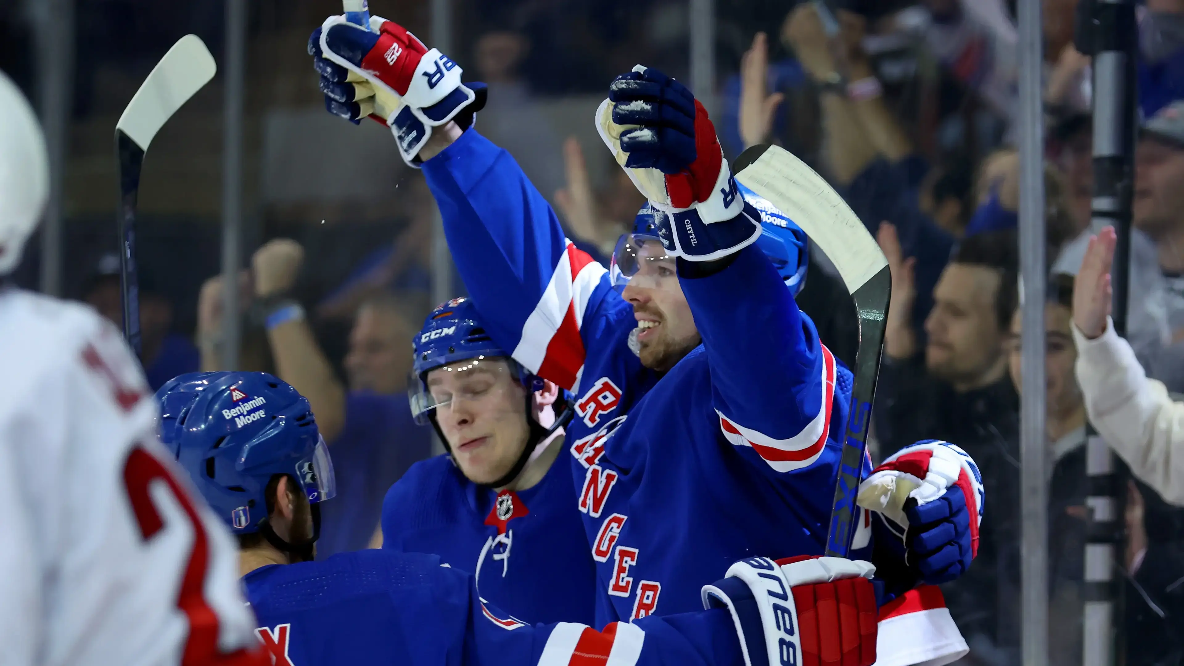 May 28, 2022; New York, New York, USA; New York Rangers center Filip Chytil (72) celebrates his goal against the Carolina Hurricanes with defenseman Adam Fox (23) and right wing Kaapo Kakko (24) during the second period of game six of the second round of the 2022 Stanley Cup Playoffs at Madison Square Garden. Mandatory Credit: Brad Penner-USA TODAY Sports / Brad Penner-USA TODAY Sports