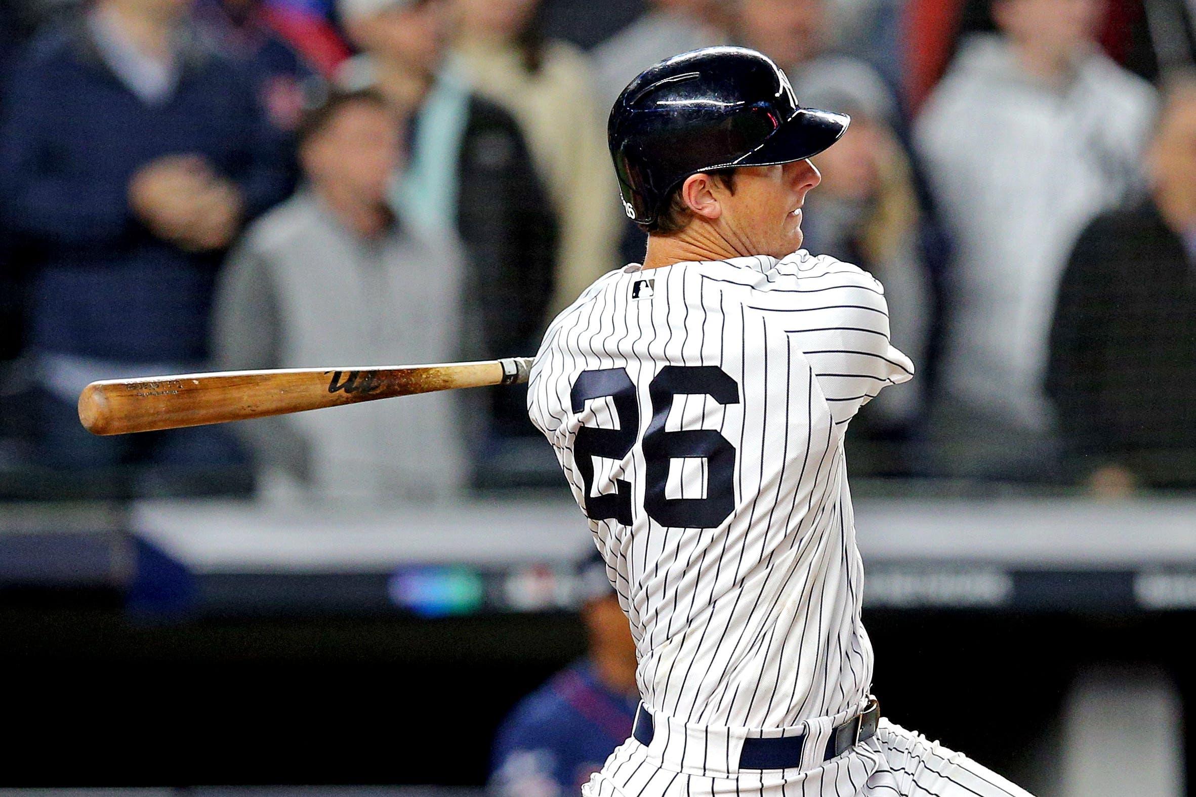 Oct 4, 2019; Bronx, NY, USA; Minnesota Twins center fielder Max Kepler (26) hits a three RBI double during the seventh inning against the Minnesota Twins in game one of the 2019 ALDS playoff baseball series at Yankee Stadium. Mandatory Credit: Brad Penner-USA TODAY Sports / Brad Penner