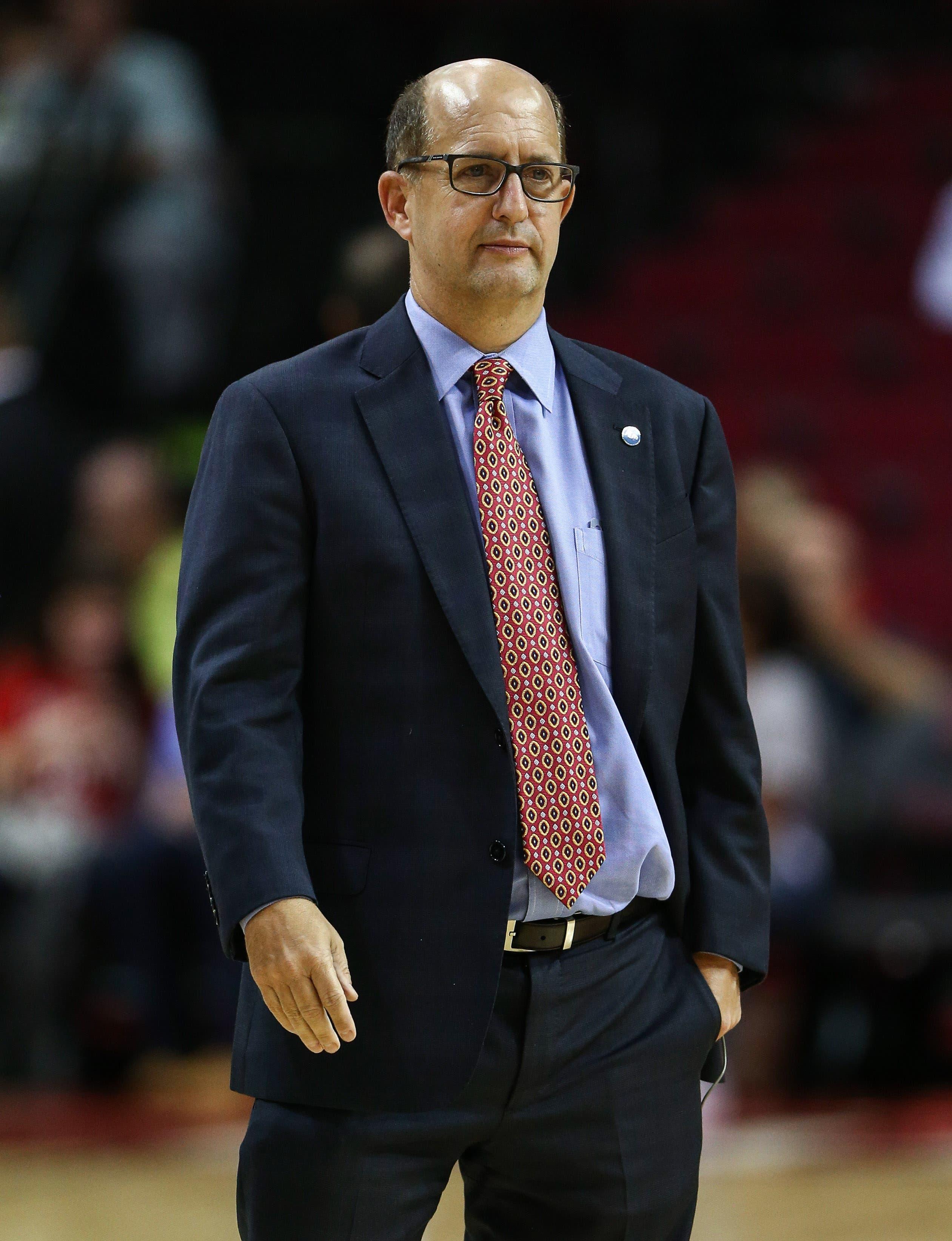 Oct 4, 2016; Houston, TX, USA; Television broadcast analyst Jeff Van Gundy walks on the court before a game between the Houston Rockets and the New York Knicks at Toyota Center. Mandatory Credit: Troy Taormina-USA TODAY Sports / Troy Taormina