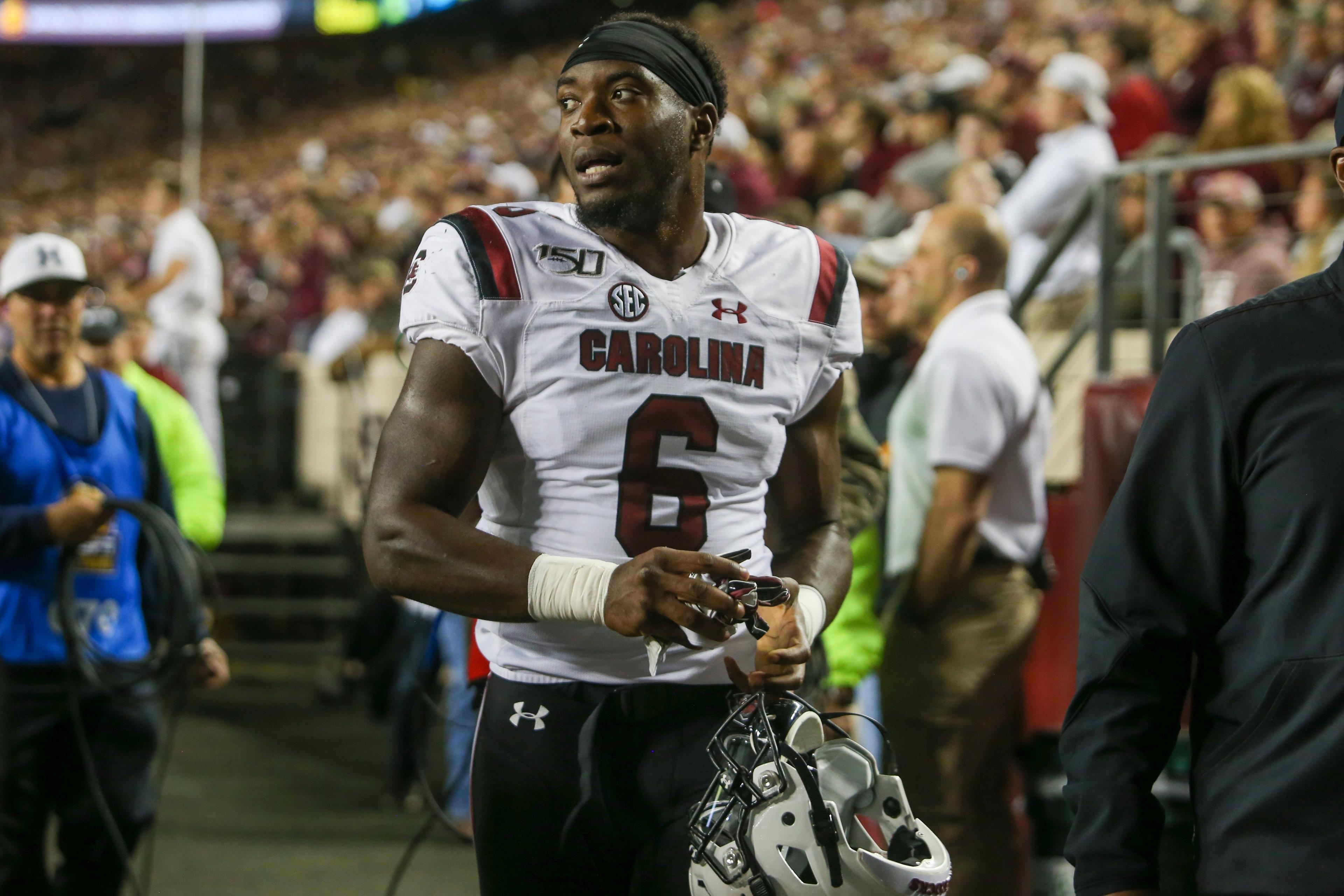 Nov 16, 2019; College Station, TX, USA; South Carolina Gamecocks linebacker T.J. Brunson (6) leaves the field after being ejected for a targeting call during the first quarter against the Texas A&M Aggies at Kyle Field. Mandatory Credit: John Glaser-USA TODAY Sports