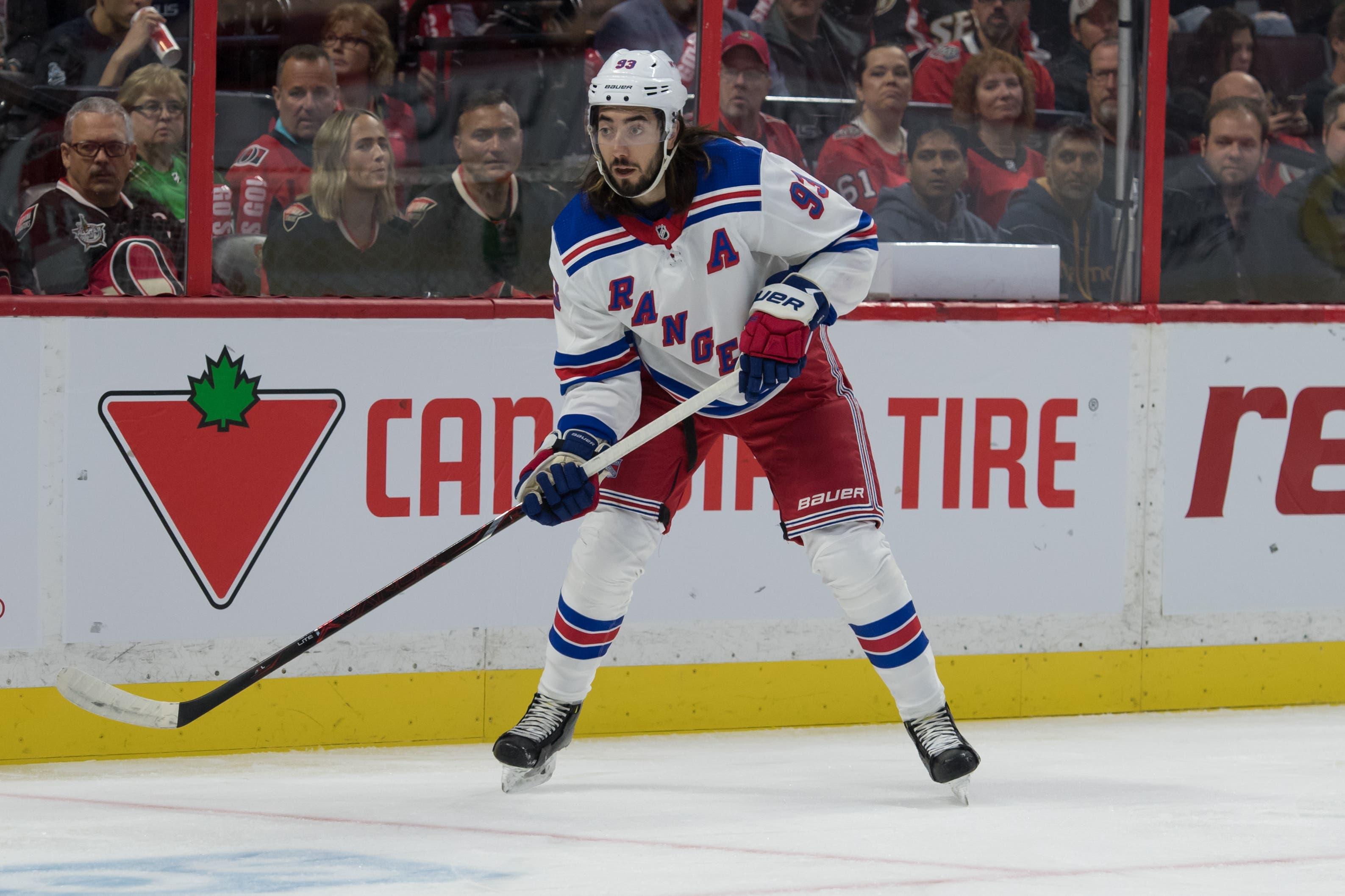 Oct 5, 2019; Ottawa, Ontario, CAN; New York Rangers center Mika Zibanejad (93) follows the action in the first period against the Ottawa Senators at the Canadian Tire Centre. Mandatory Credit: Marc DesRosiers-USA TODAY Sports / Marc DesRosiers