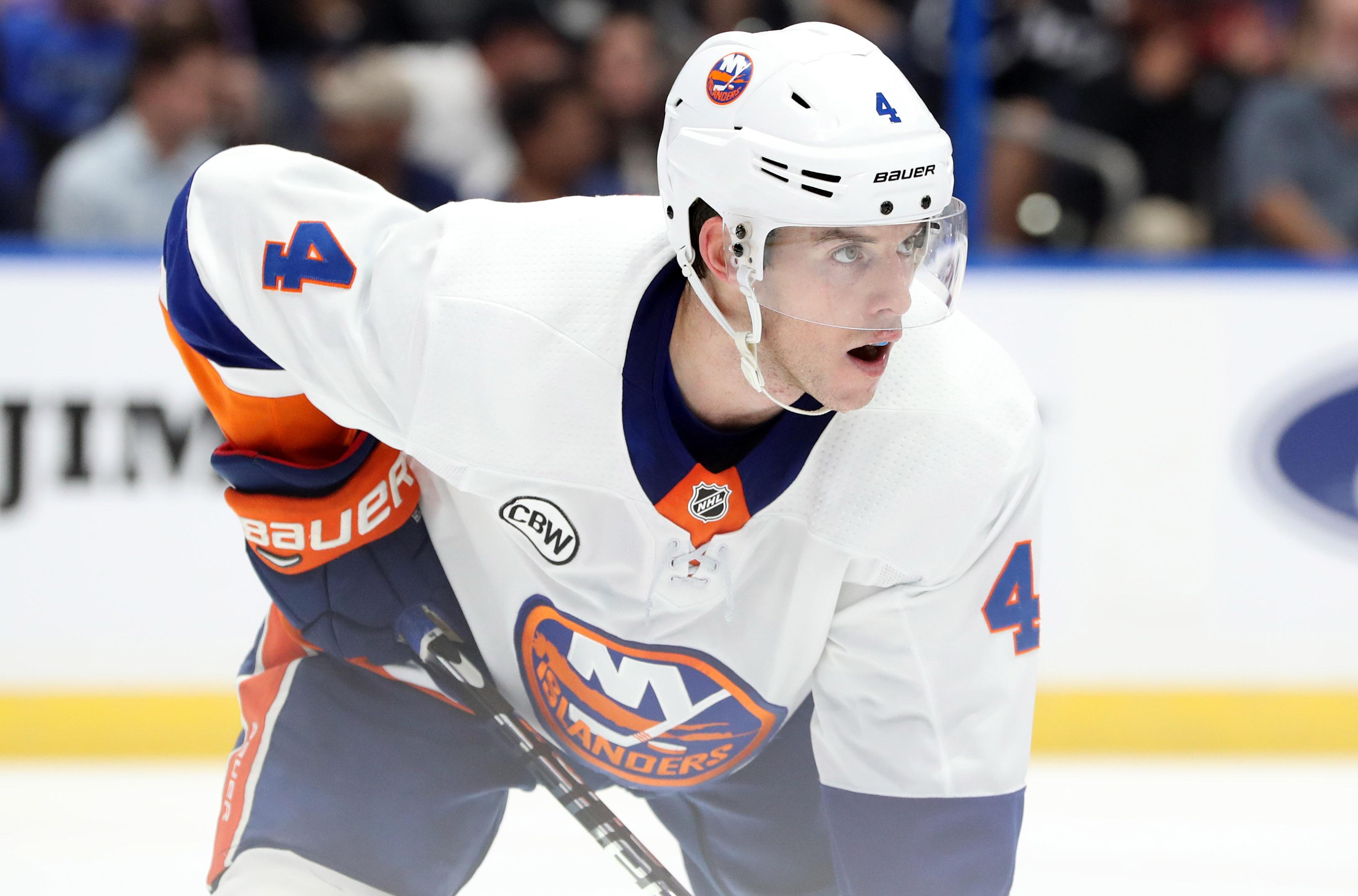 Nov 8, 2018; Tampa, FL, USA; New York Islanders defenseman Thomas Hickey (4) during the third period at Amalie Arena. Mandatory Credit: Kim Klement-USA TODAY Sports