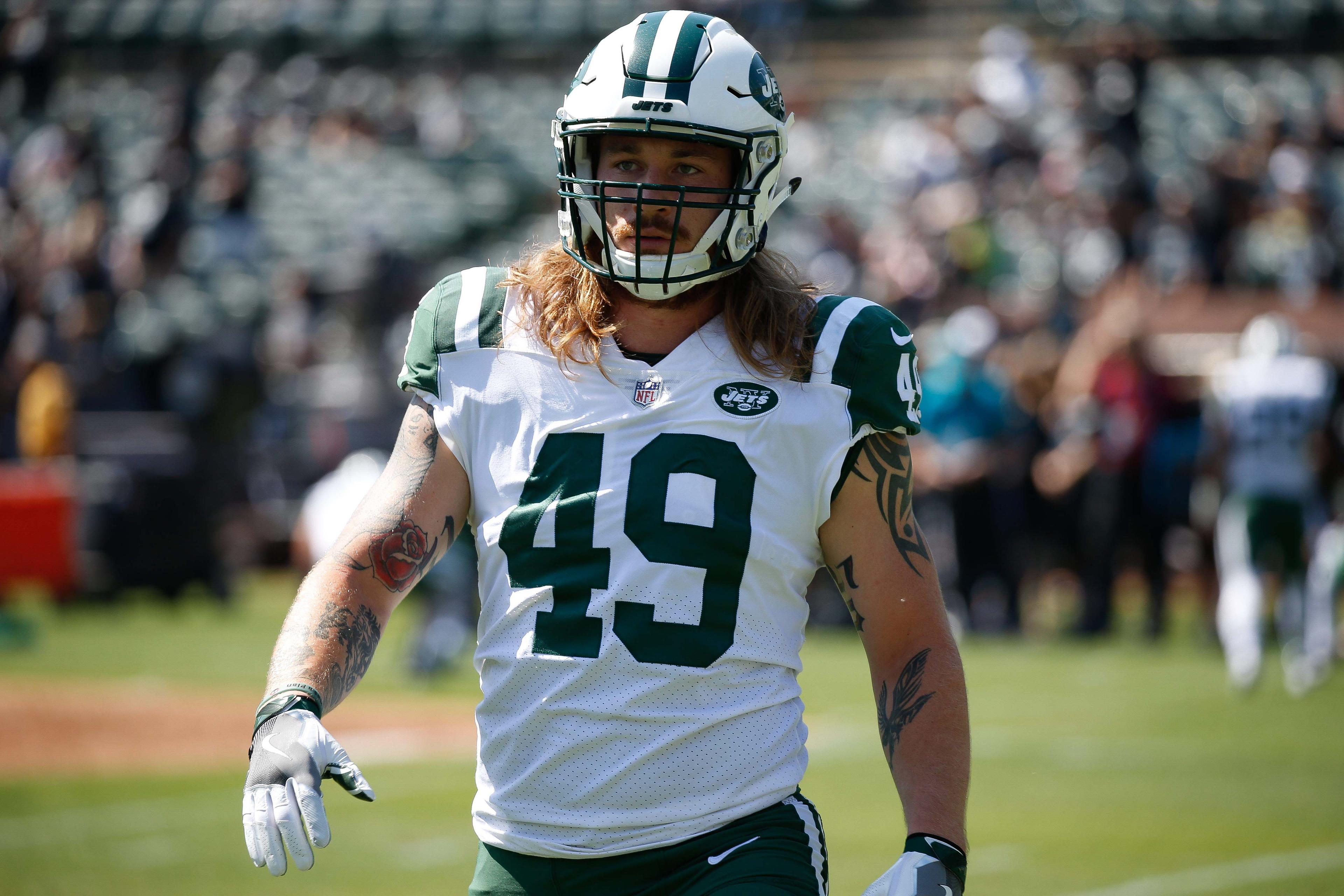 Sep 17, 2017; Oakland, CA, USA; New York Jets linebacker Dylan Donahue (49) before the game against the Oakland Raiders at Oakland Coliseum. Mandatory Credit: Stan Szeto-USA TODAY Sports / Stan Szeto