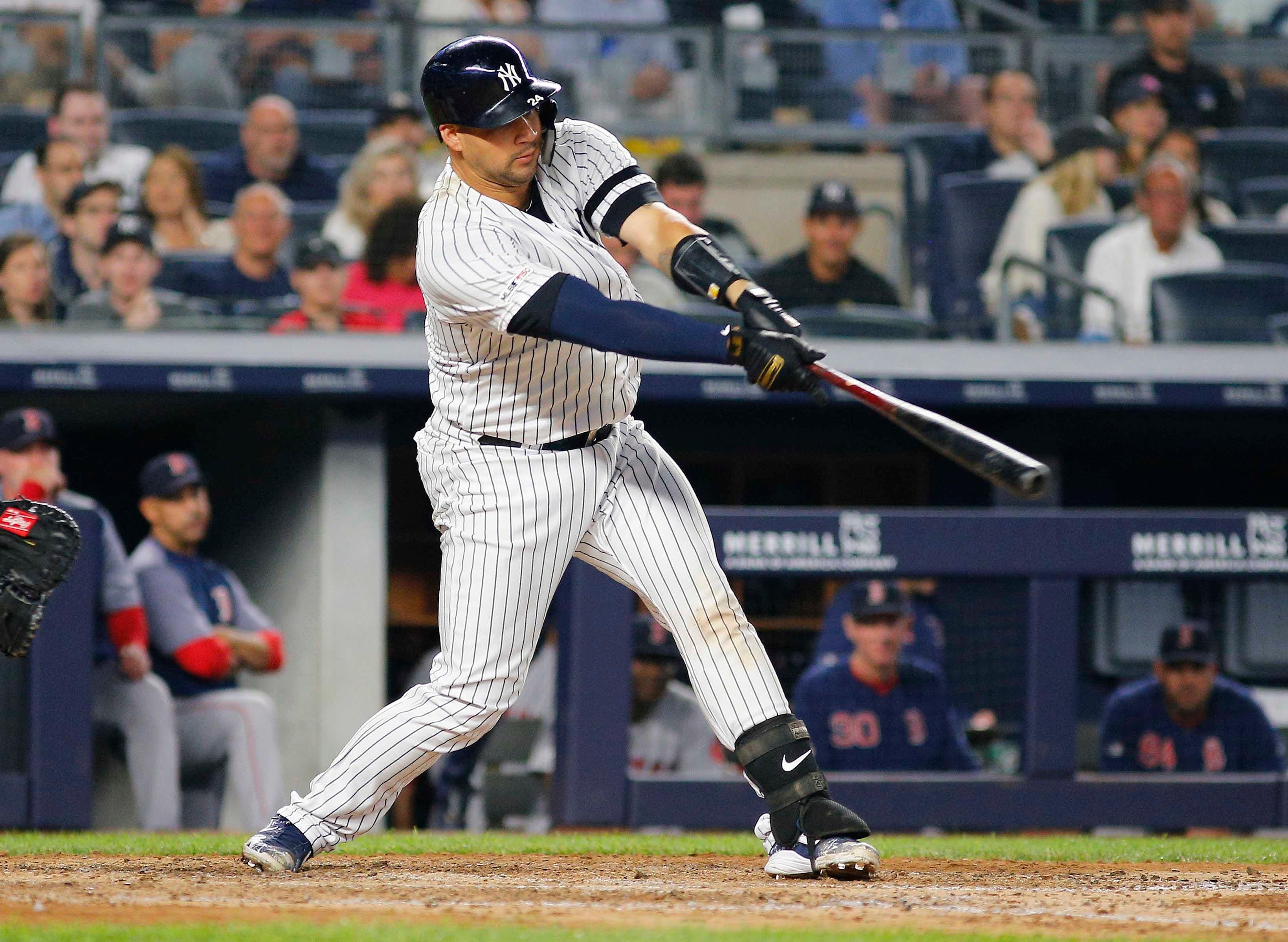 Jun 1, 2019; Bronx, NY, USA; New York Yankees catcher Gary Sanchez (24) hits a two run home run against the Boston Red Sox during the fifth inning at Yankee Stadium. Mandatory Credit: Andy Marlin-USA TODAY Sports / Andy Marlin