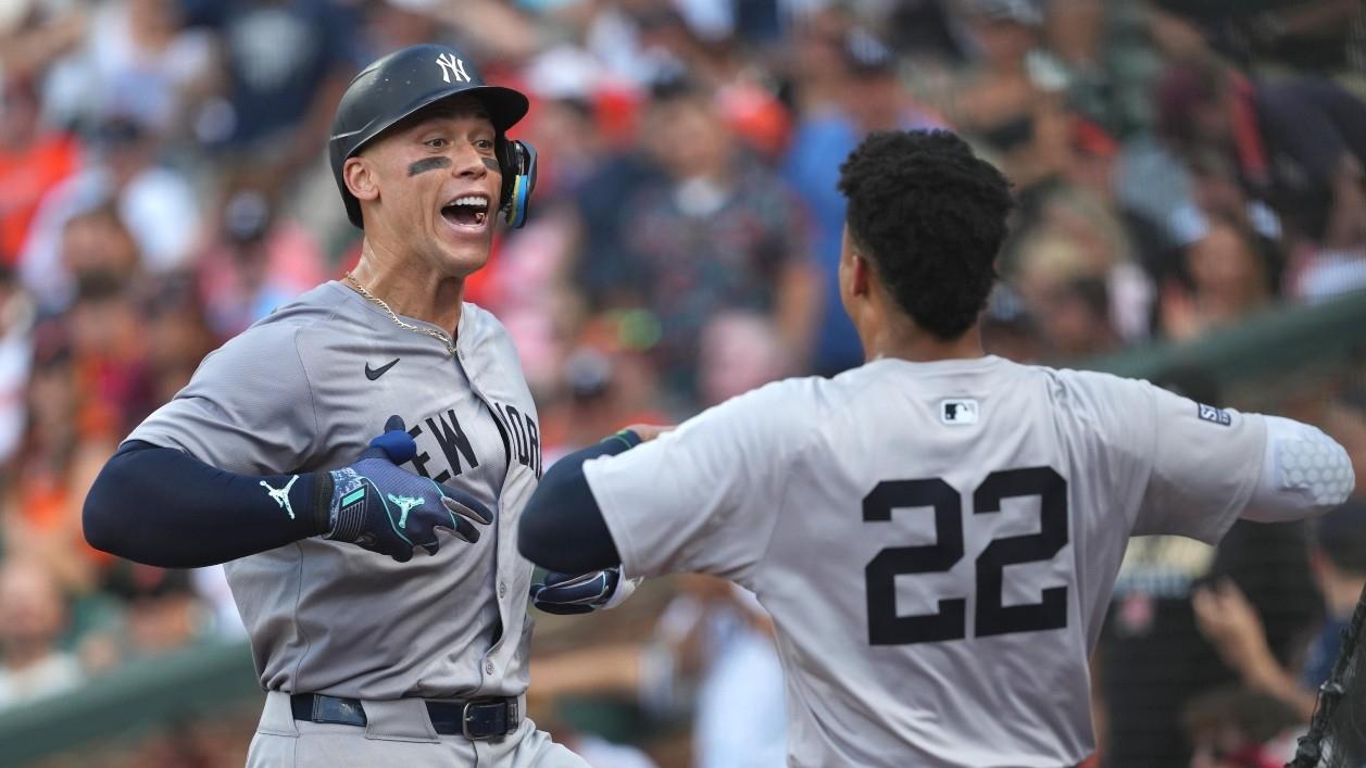 New York Yankees outfielder Aaron Judge (99) greeted by outfielder Juan Soto (22) following his solo home run in the fifth inning against the Baltimore Orioles at Oriole Park at Camden Yards.