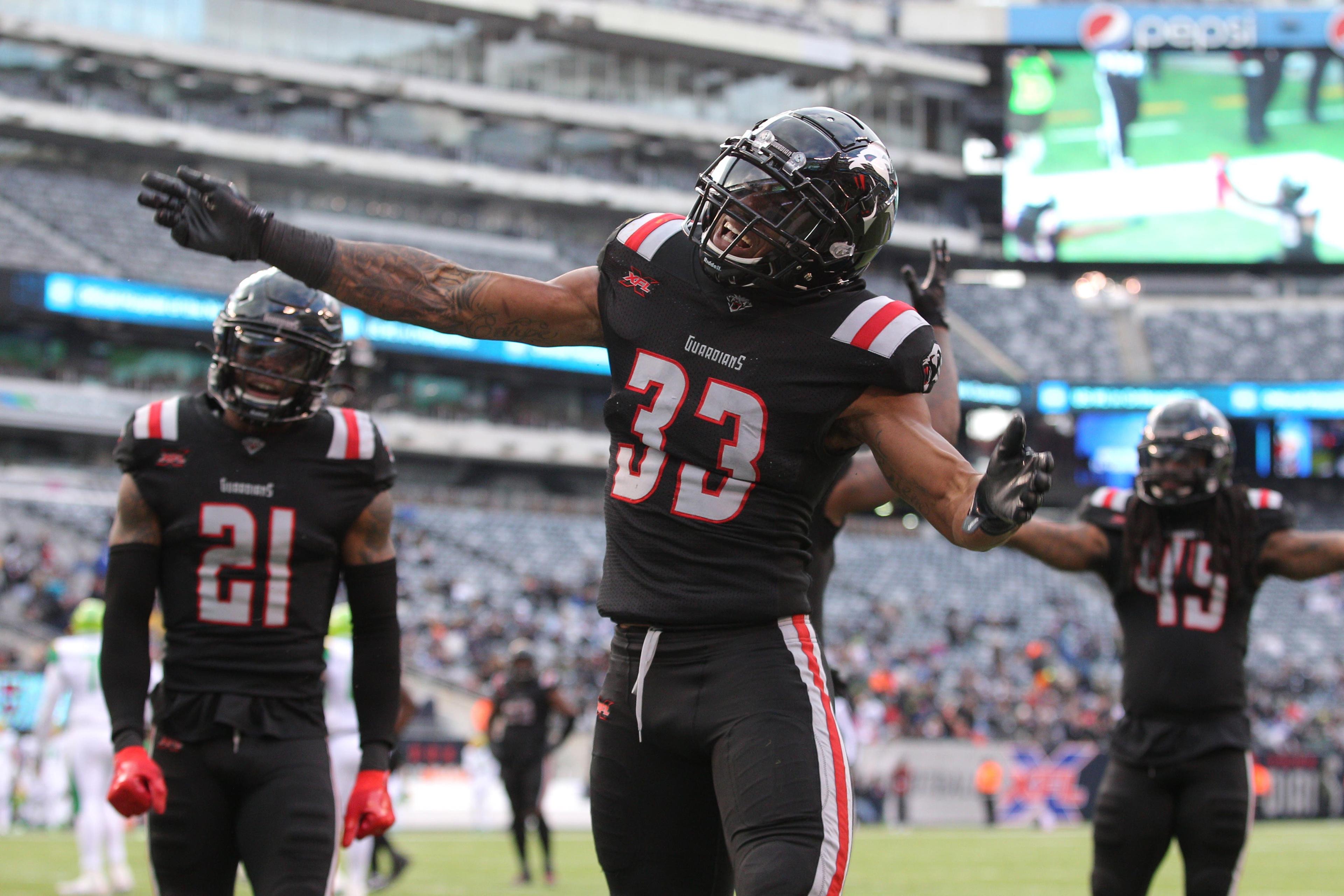 Feb 9, 2020; East Rutherford, NJ, USA; New York Guardians safety A.J. Hendy (33) reacts during the third quarter of an XFL football game against the Tampa Bay Vipers at MetLife Stadium. Mandatory Credit: Brad Penner-USA TODAY Sports / Brad Penner