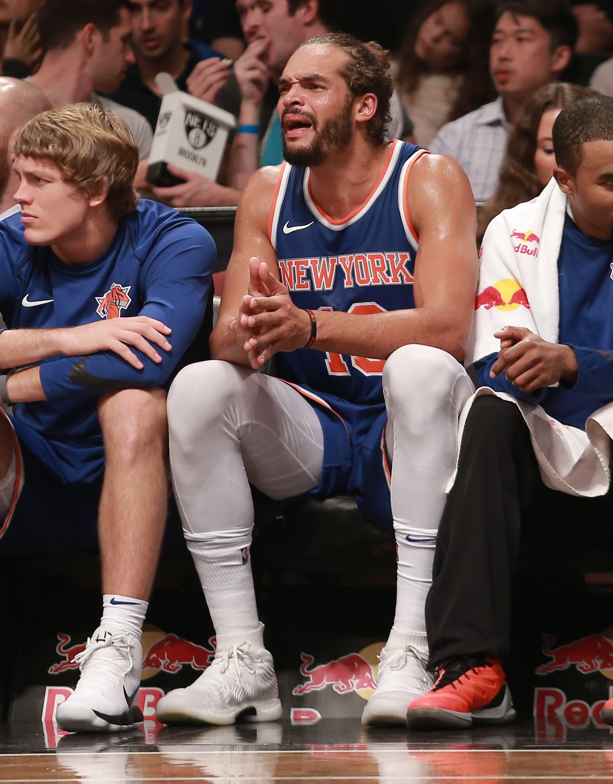 New York Knicks center Joakim Noah shouts from the bench in the fourth quarter against Brooklyn Nets at Barclays Center. / Nicole Sweet/USA TODAY Sports