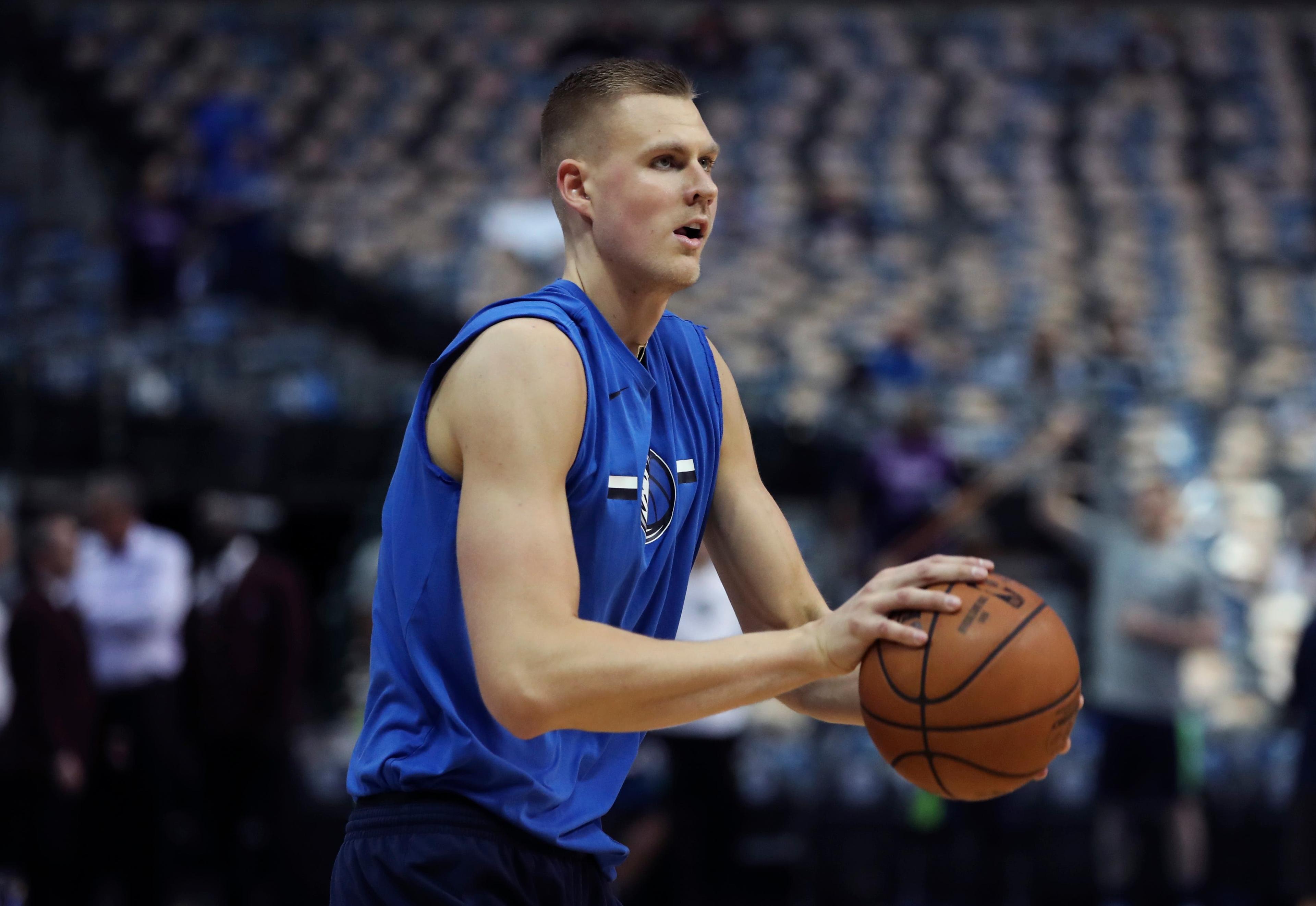 Apr 3, 2019; Dallas, TX, USA; Dallas Mavericks forward Kristaps Porzingis practices before the game against the Minnesota Timberwolves at American Airlines Center. Mandatory Credit: Kevin Jairaj-USA TODAY Sports / Kevin Jairaj