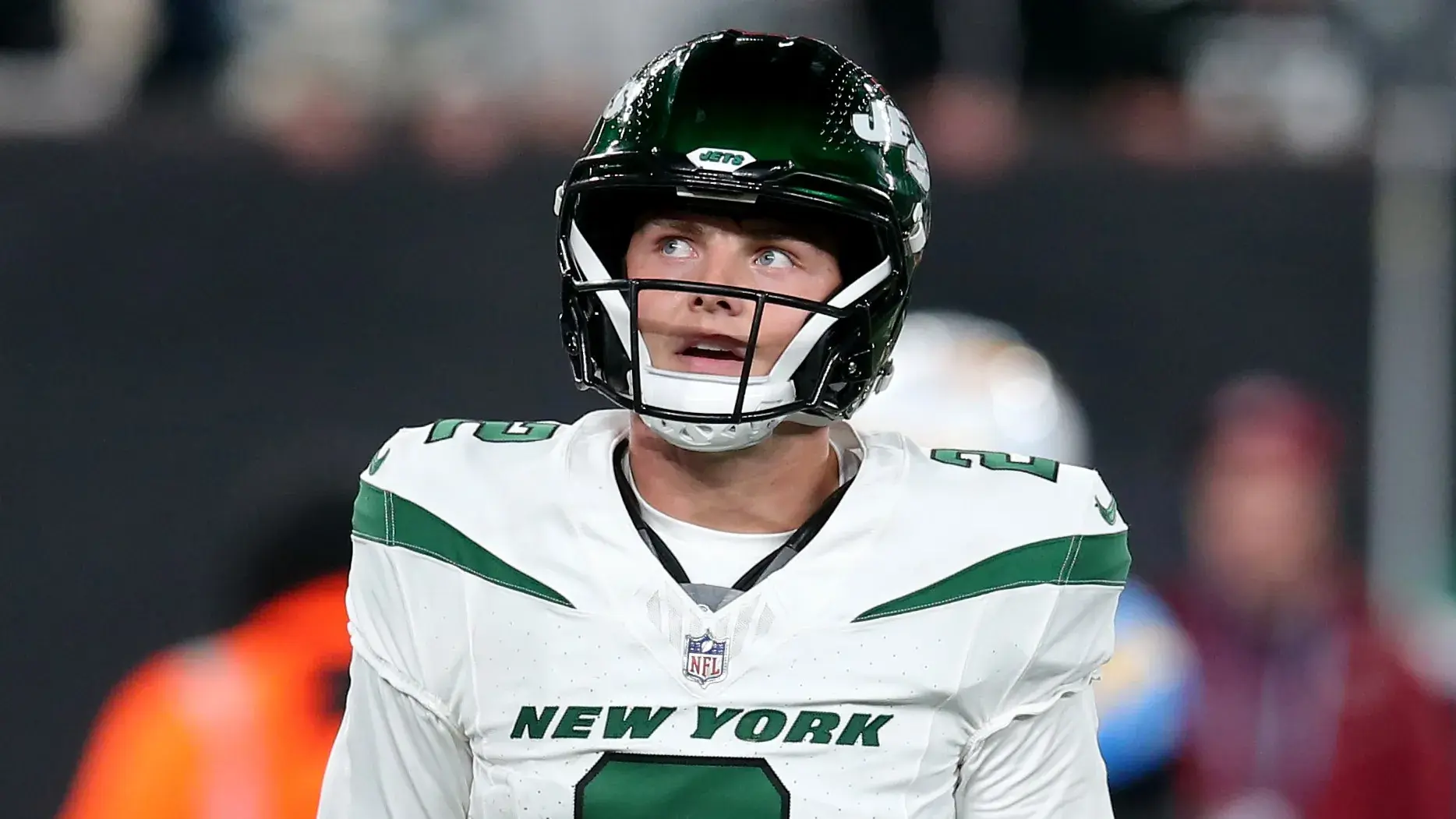 Nov 6, 2023; East Rutherford, New Jersey, USA; New York Jets quarterback Zach Wilson (2) reacts during the fourth quarter against the Los Angeles Chargers at MetLife Stadium. Mandatory Credit: Brad Penner-USA TODAY Sports / © Brad Penner-USA TODAY Sports
