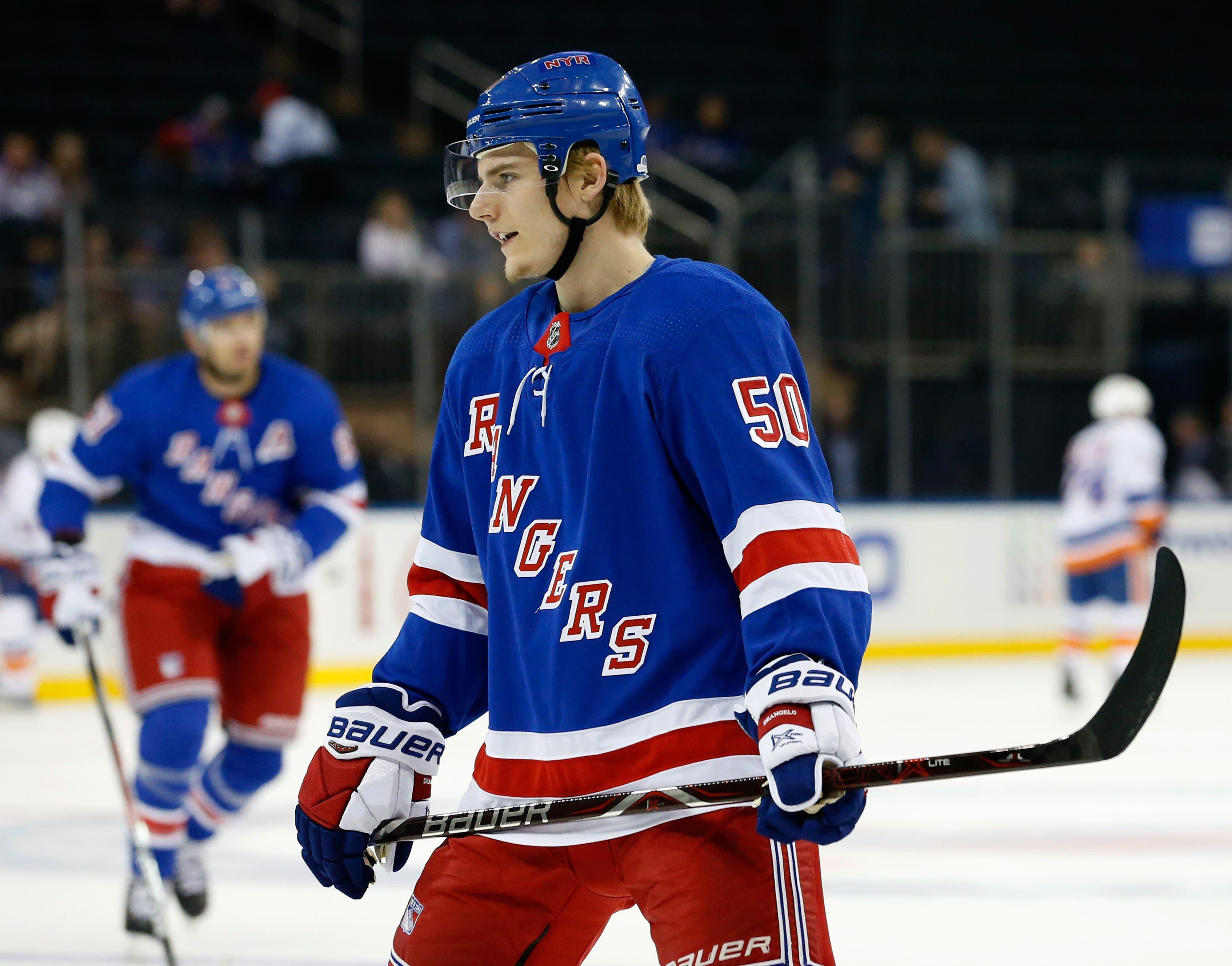 Sep 18, 2017; New York, NY, USA; New York Rangers center Lias Anderson (50) during warm up before game against New York Islanders at Madison Square Garden. Mandatory Credit: Noah K. Murray-USA TODAY Sports / Noah K. Murray