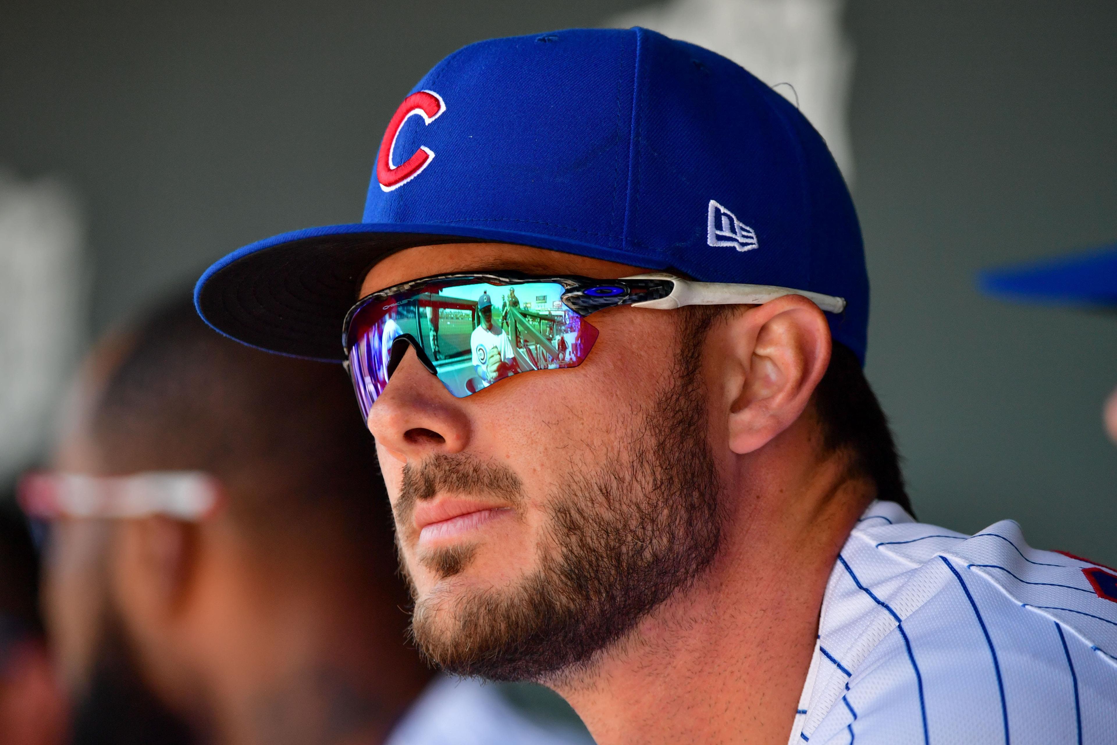 Feb 26, 2020; Mesa, Arizona, USA; Chicago Cubs third baseman Kris Bryant (17) looks on prior to the game against the Kansas City Royals at Sloan Park. / Matt Kartozian-USA TODAY Sports