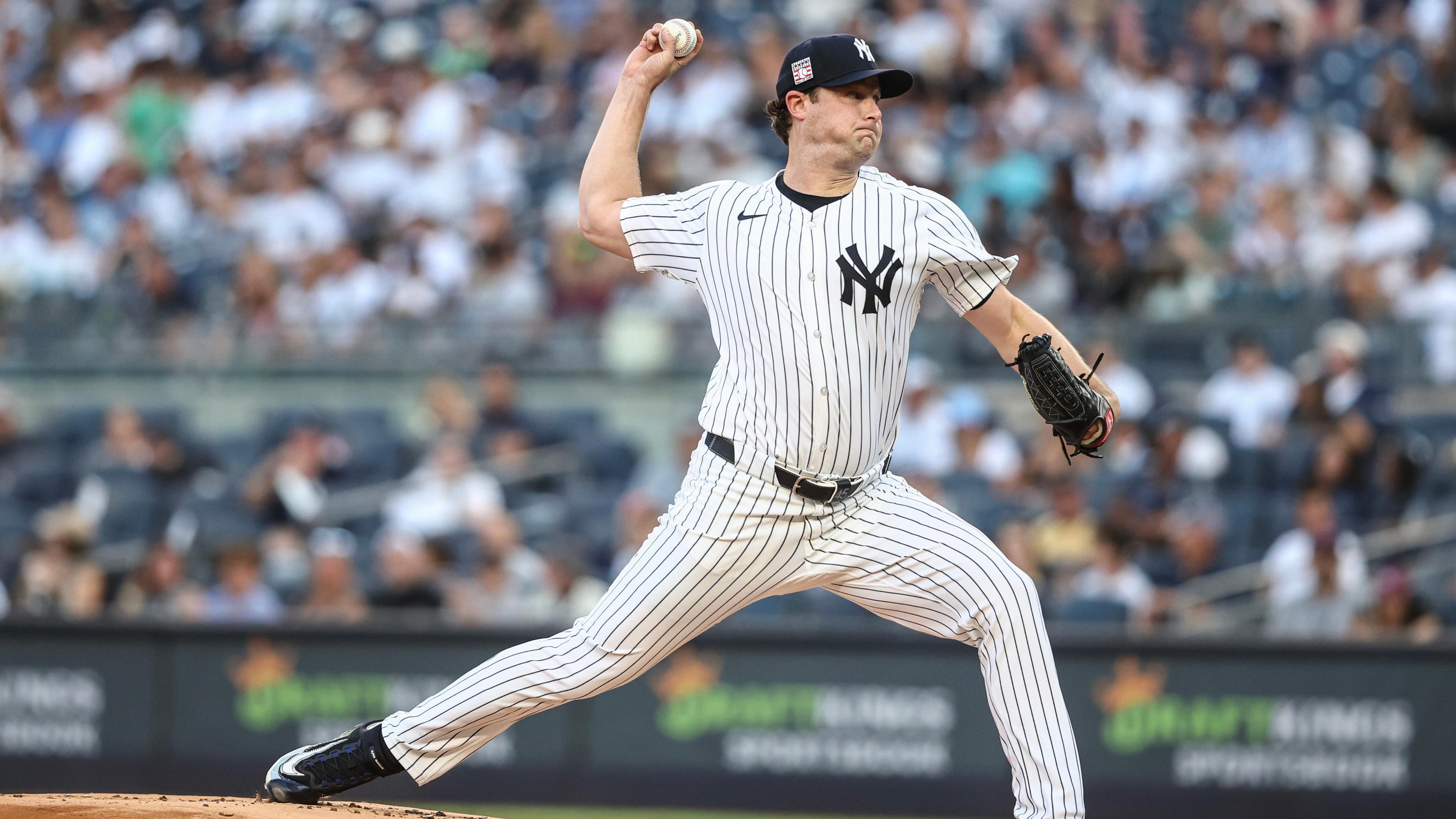 New York Yankees starting pitcher Gerrit Cole (45) pitches in the first inning against the Tampa Bay Rays at Yankee Stadium. / Wendell Cruz-USA TODAY Sports