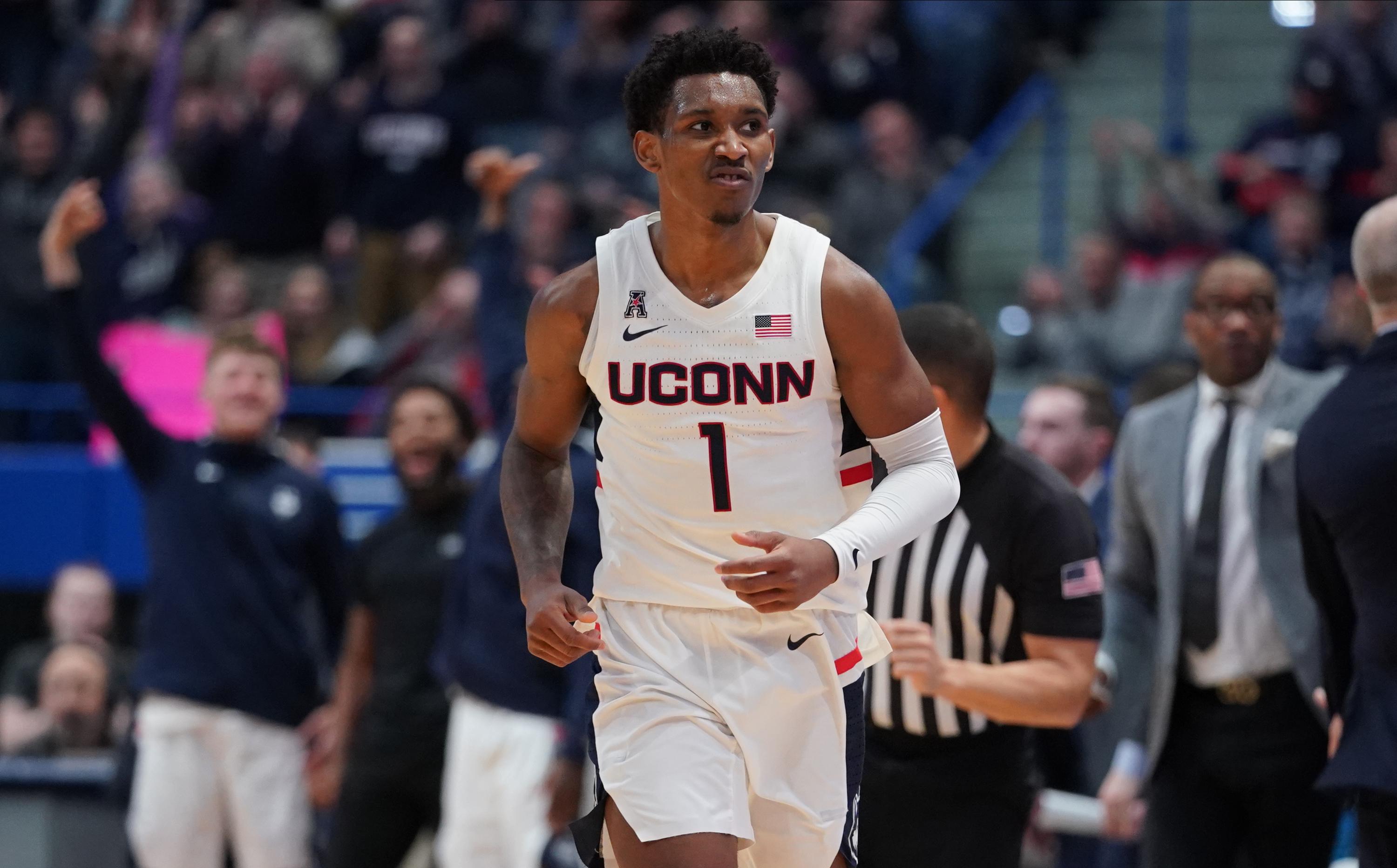 Feb 16, 2020; Hartford, Connecticut, USA; Connecticut Huskies guard Christian Vital (1) reacts after his three point basket against the Memphis Tigers in the second half at XL Center. UConn defeated Memphis 64-61. Mandatory Credit: David Butler II-USA TODAY Sports