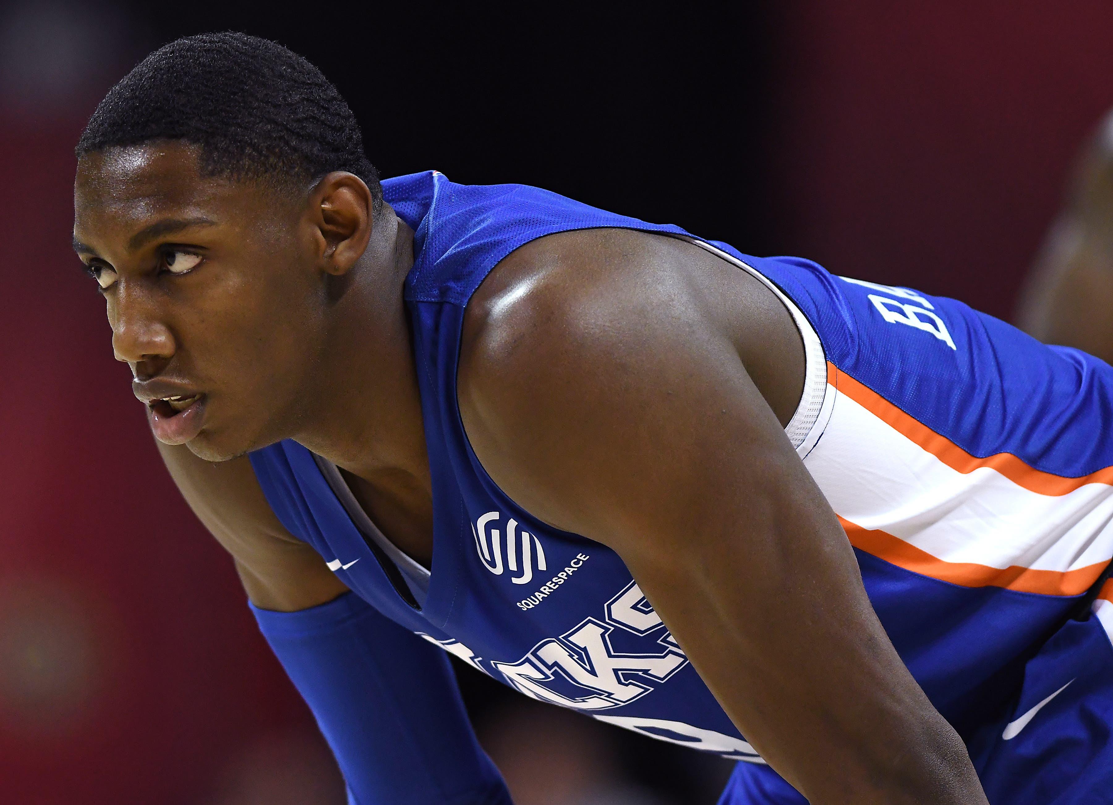 Jul 9, 2019; Las Vegas, NV, USA; New York Knicks forward RJ Barrett (9) is pictured during the first half of an NBA Summer League game against the Toronoto Raptors at Thomas & Mack Center. Mandatory Credit: Stephen R. Sylvanie-USA TODAY Sports / Stephen R. Sylvanie