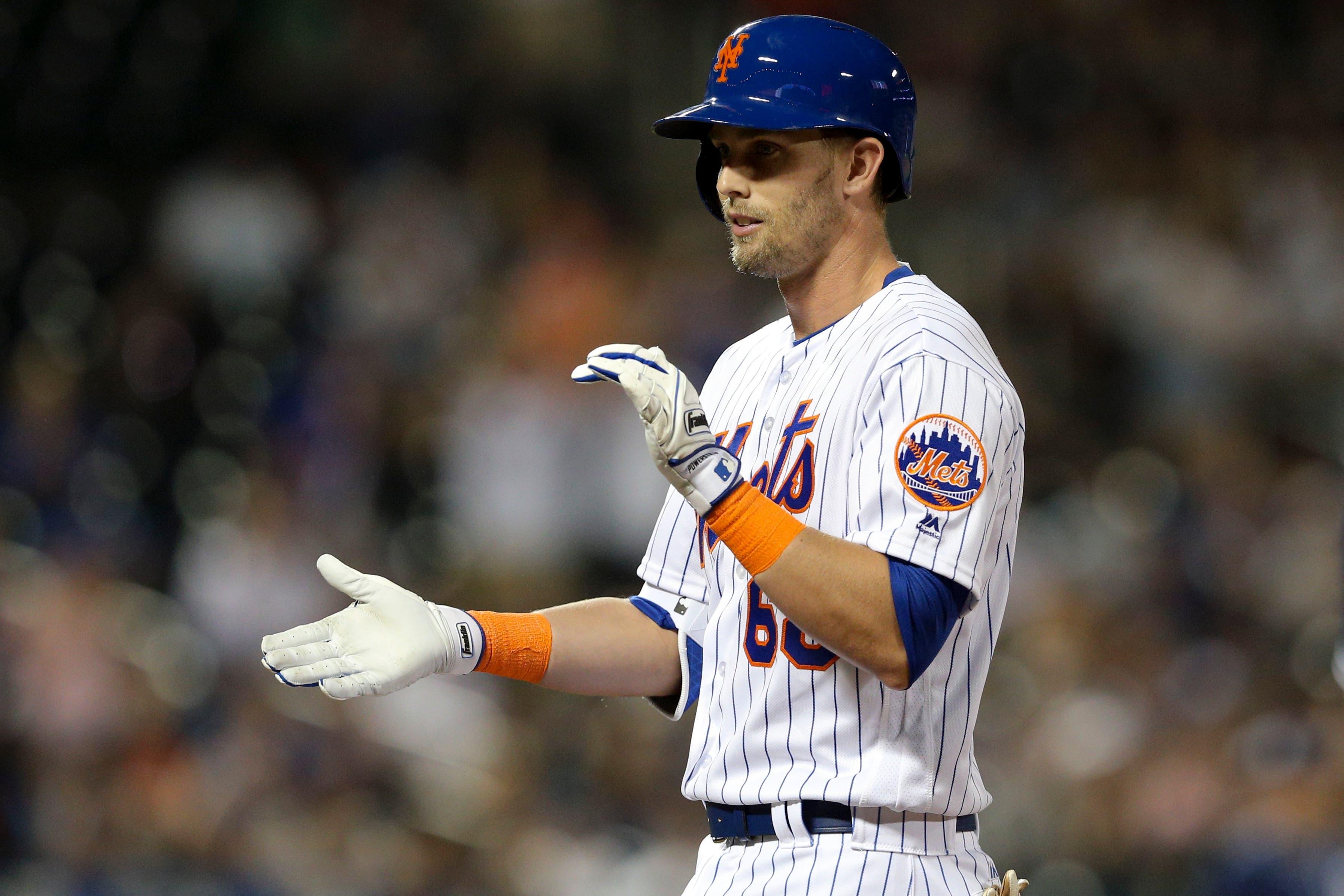 Jul 24, 2018; New York City, NY, USA; New York Mets pinch hitter Jeff McNeil (68) reacts after hitting a single against the San Diego Padres during the ninth inning at Citi Field. The hit was his first major league hit. Mandatory Credit: Brad Penner-USA TODAY Sports / Brad Penner