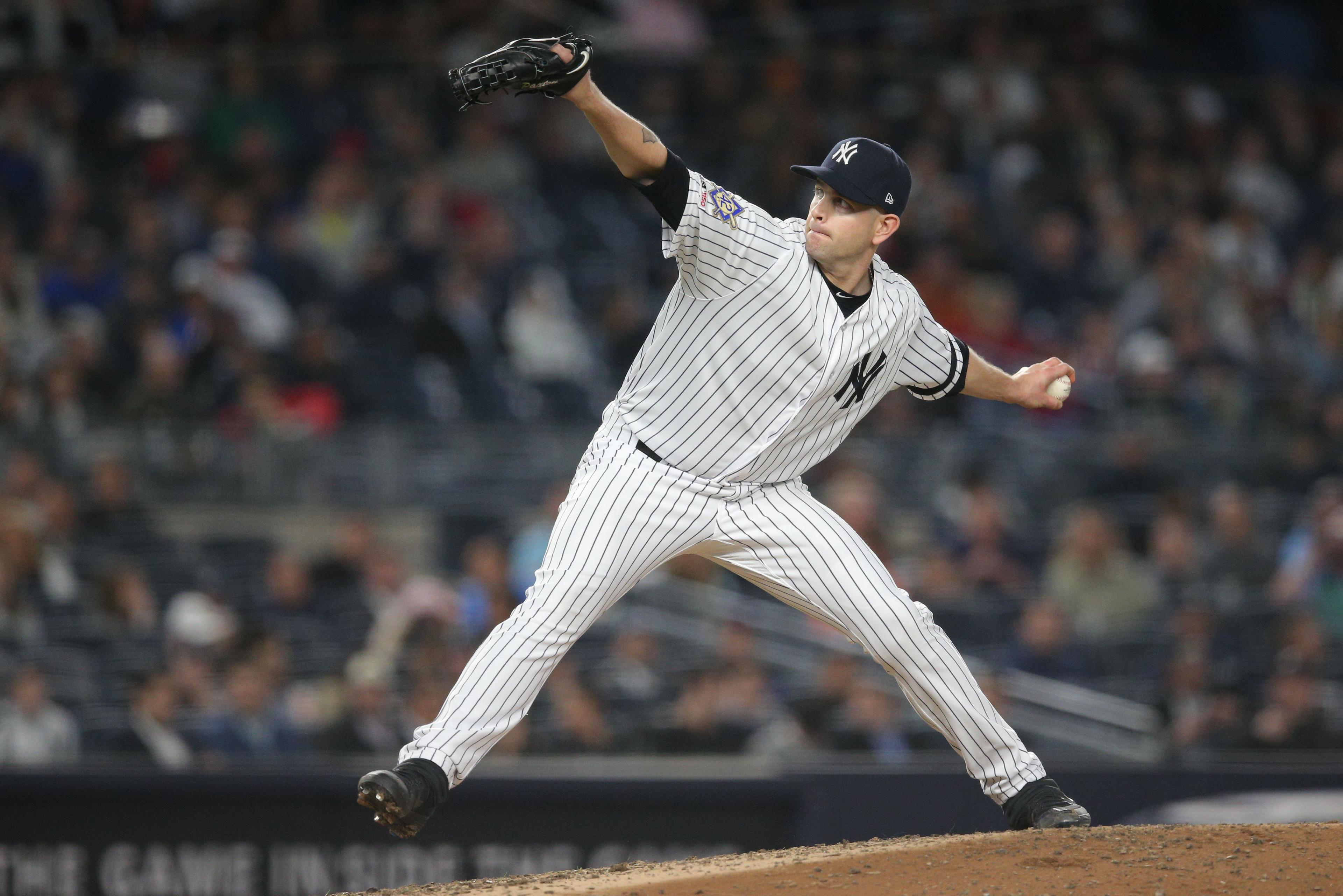 Apr 16, 2019; Bronx, NY, USA; New York Yankees starting pitcher James Paxton (65) pitches against the Boston Red Sox during the eighth inning at Yankee Stadium. Mandatory Credit: Brad Penner-USA TODAY Sports