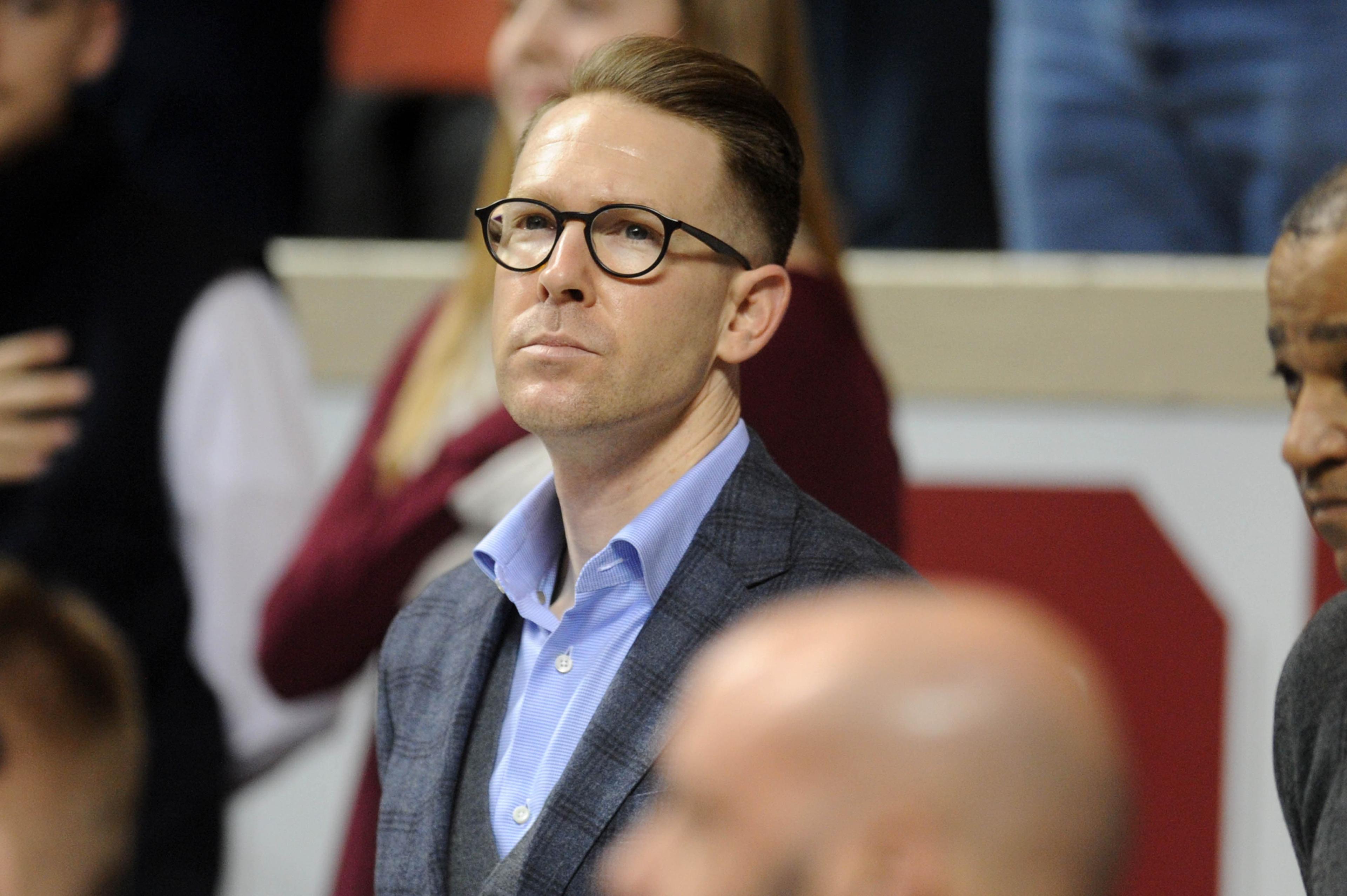 Jan 16, 2016; Norman, OK, USA; Oklahoma City Thunder general manager Sam Presti watches college basketball between the West Virginia Mountaineers and the Oklahoma Sooners at Lloyd Noble Center. Mandatory Credit: Mark D. Smith-USA TODAY Sports / Mark D. Smith