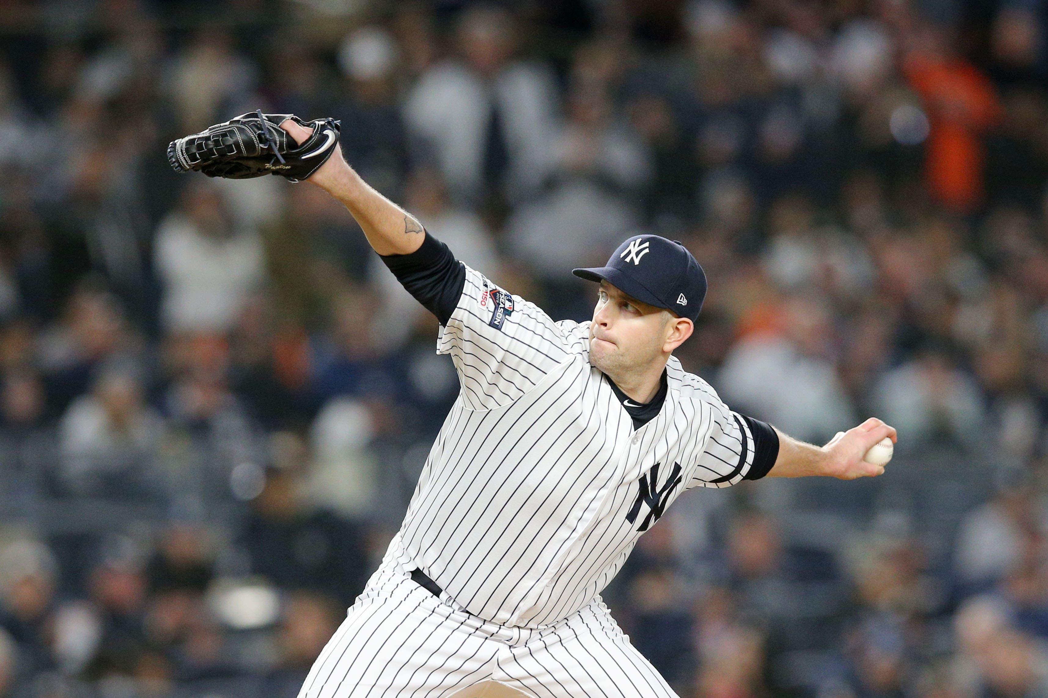 Oct 18, 2019; Bronx, NY, USA; New York Yankees starting pitcher James Paxton (65) pitches against the Houston Astros during the fifth inning of game five of the 2019 ALCS playoff baseball series at Yankee Stadium. Mandatory Credit: Brad Penner-USA TODAY Sports / Brad Penner