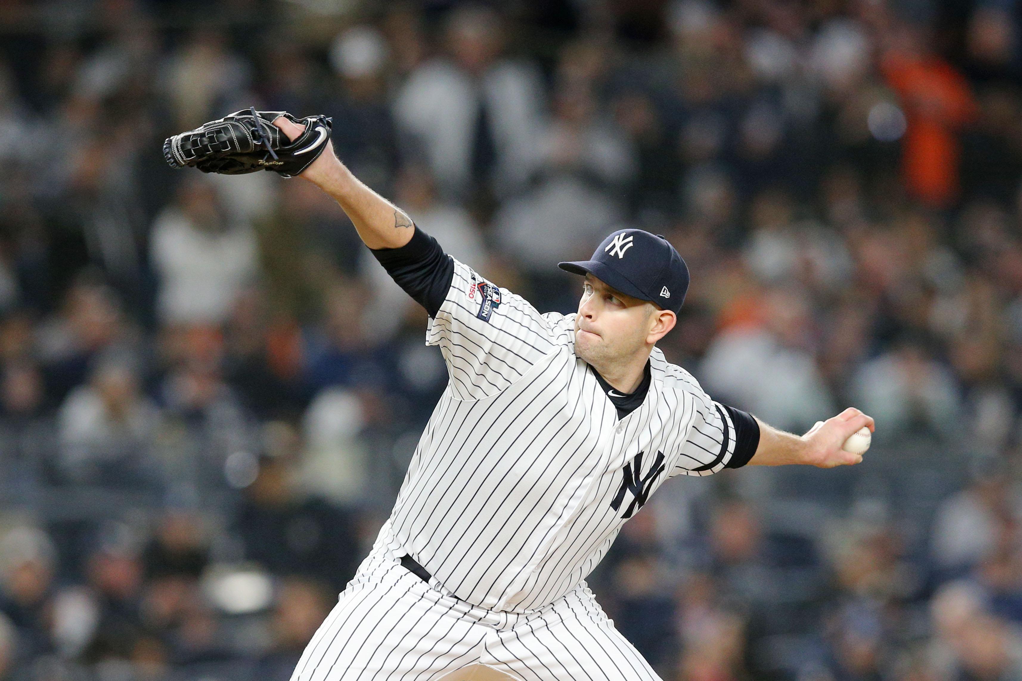 Oct 18, 2019; Bronx, NY, USA; New York Yankees starting pitcher James Paxton (65) pitches against the Houston Astros during the fifth inning of game five of the 2019 ALCS playoff baseball series at Yankee Stadium. Mandatory Credit: Brad Penner-USA TODAY Sports