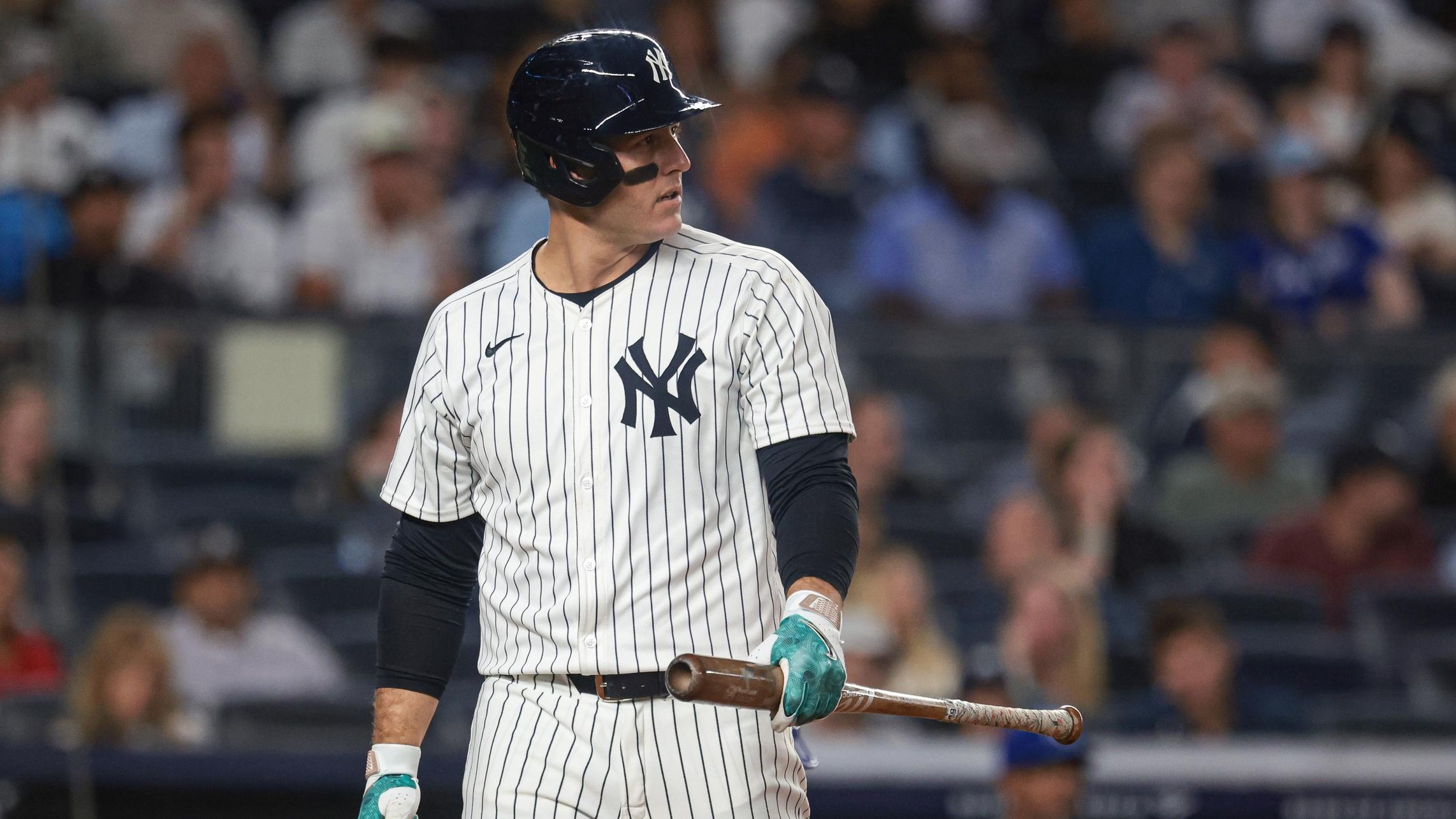 Sep 10, 2024; Bronx, New York, USA; New York Yankees first baseman Anthony Rizzo (48) looks back after striking out during the eighth inning against the Kansas City Royals at Yankee Stadium. 