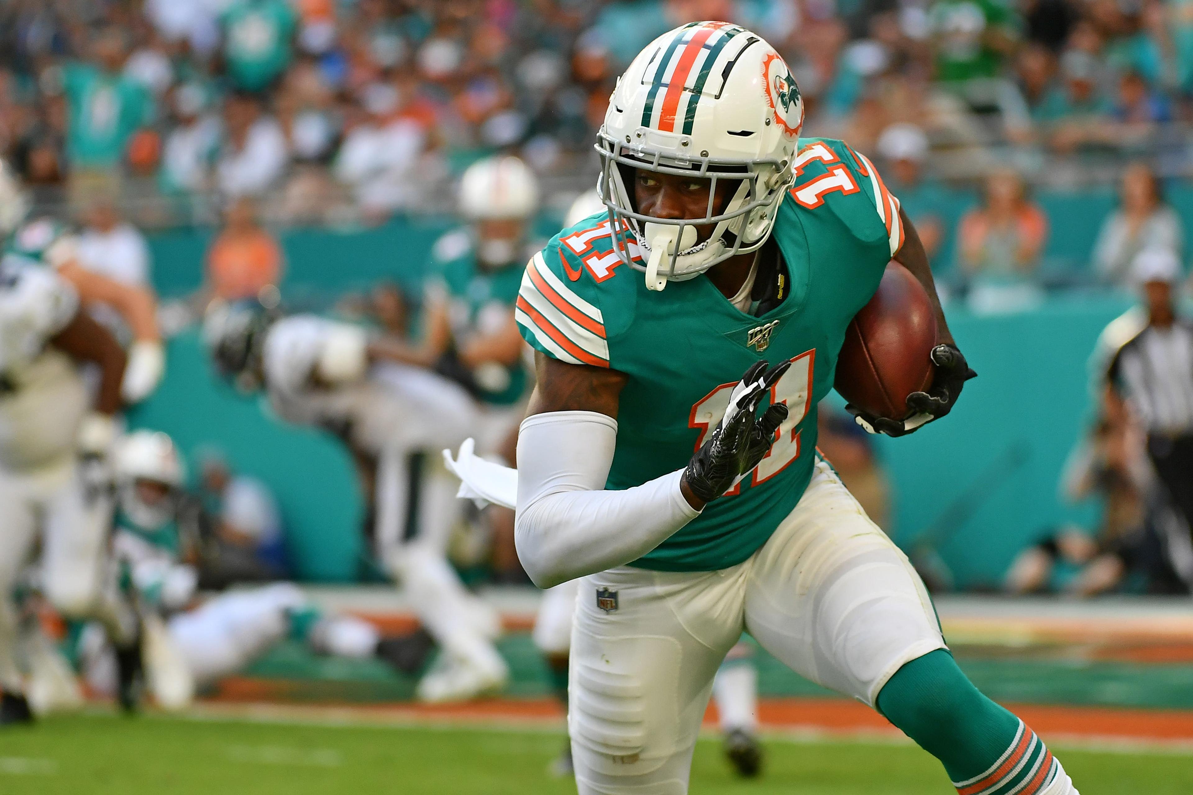 Dec 1, 2019; Miami Gardens, FL, USA; Miami Dolphins wide receiver DeVante Parker (11) runs the ball after a catch during the second half against the Philadelphia Eagles at Hard Rock Stadium. Mandatory Credit: Jasen Vinlove-USA TODAY Sports / Jasen Vinlove