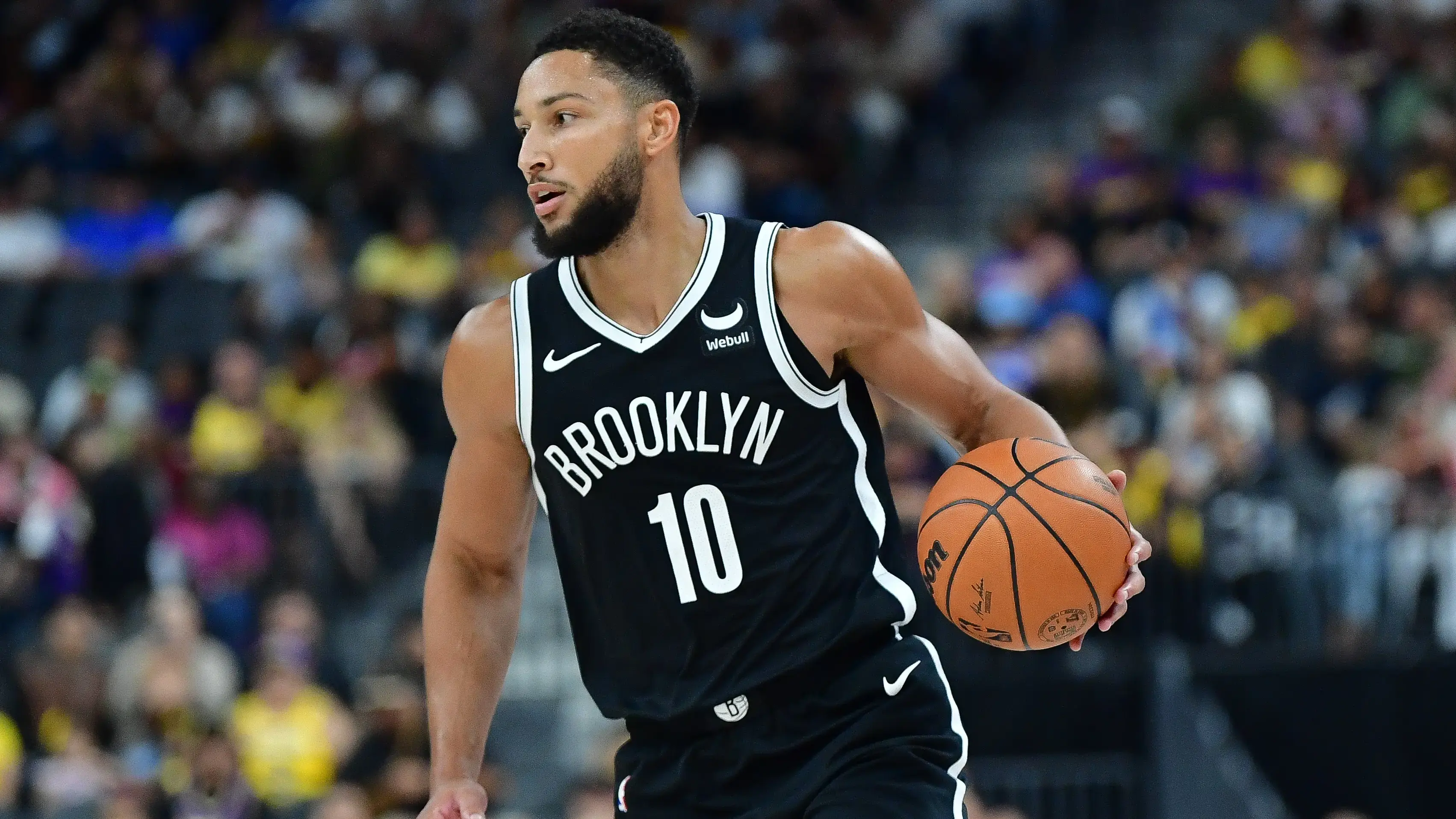 Brooklyn Nets guard Ben Simmons (10) moves the ball up court against the Los Angeles Lakers during the first half at T-Mobile Arena / Gary A. Vasquez - USA TODAY Sports