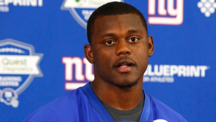May 3, 2019; East Rutherford, NJ, USA; New York Giants corner back Deandre Baker (35) answers questions from media during rookie minicamp at Quest Diagnostic Training Center. / Noah K. Murray/USA TODAY Sports