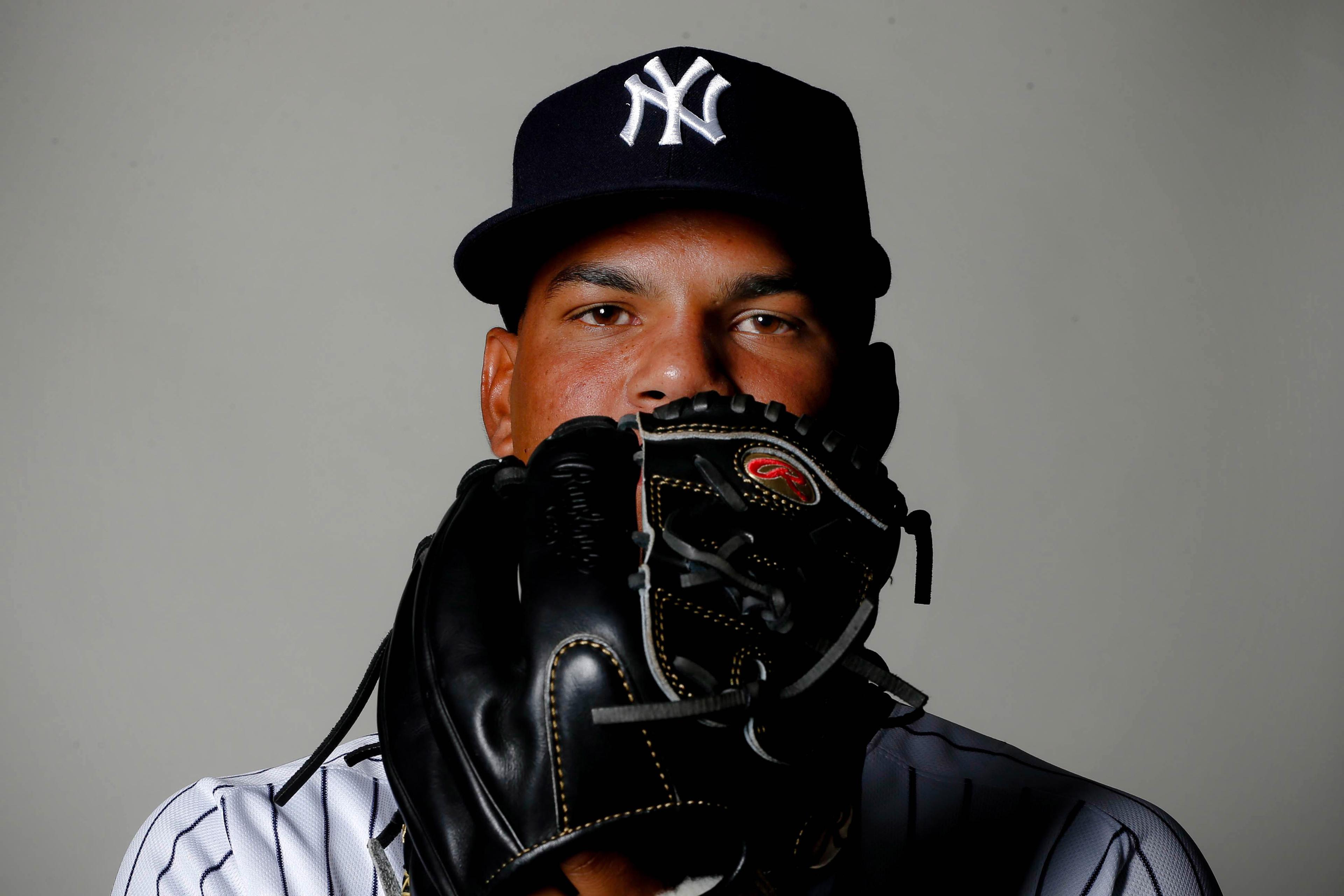 Feb 21, 2019; Tampa, FL, USA;New York Yankees pitcher Albert Abreu (87) poses for a photo on photo day at George M Steinbrenner Field. Mandatory Credit: Kim Klement-USA TODAY Sports