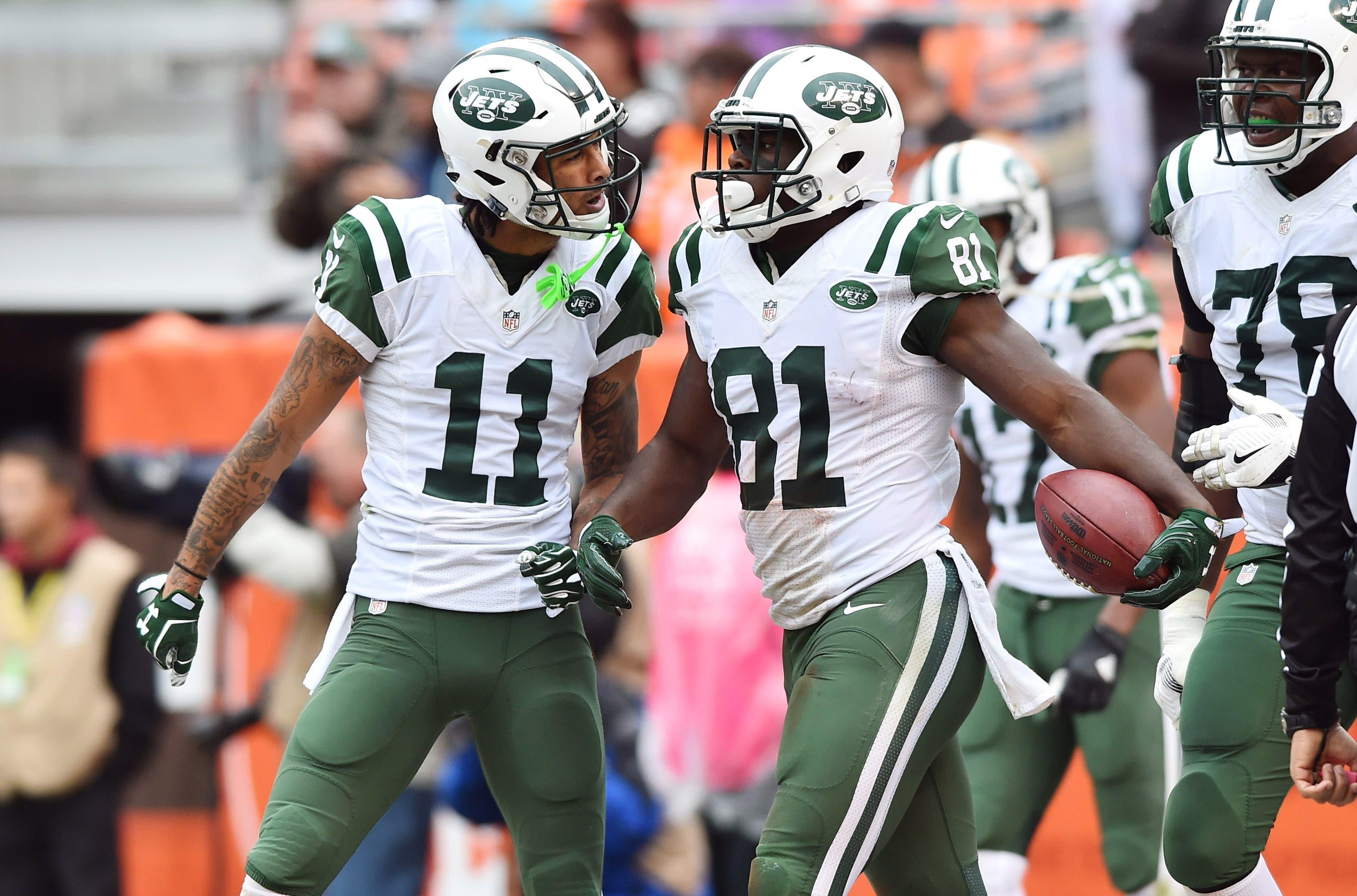 New York Jets wide receiver Robby Anderson (11) celebrates with wide receiver Quincy Enunwa (81) after Enunwa scored a touchdown against the Cleveland Browns during the second half at FirstEnergy Stadium. / Ken Blaze