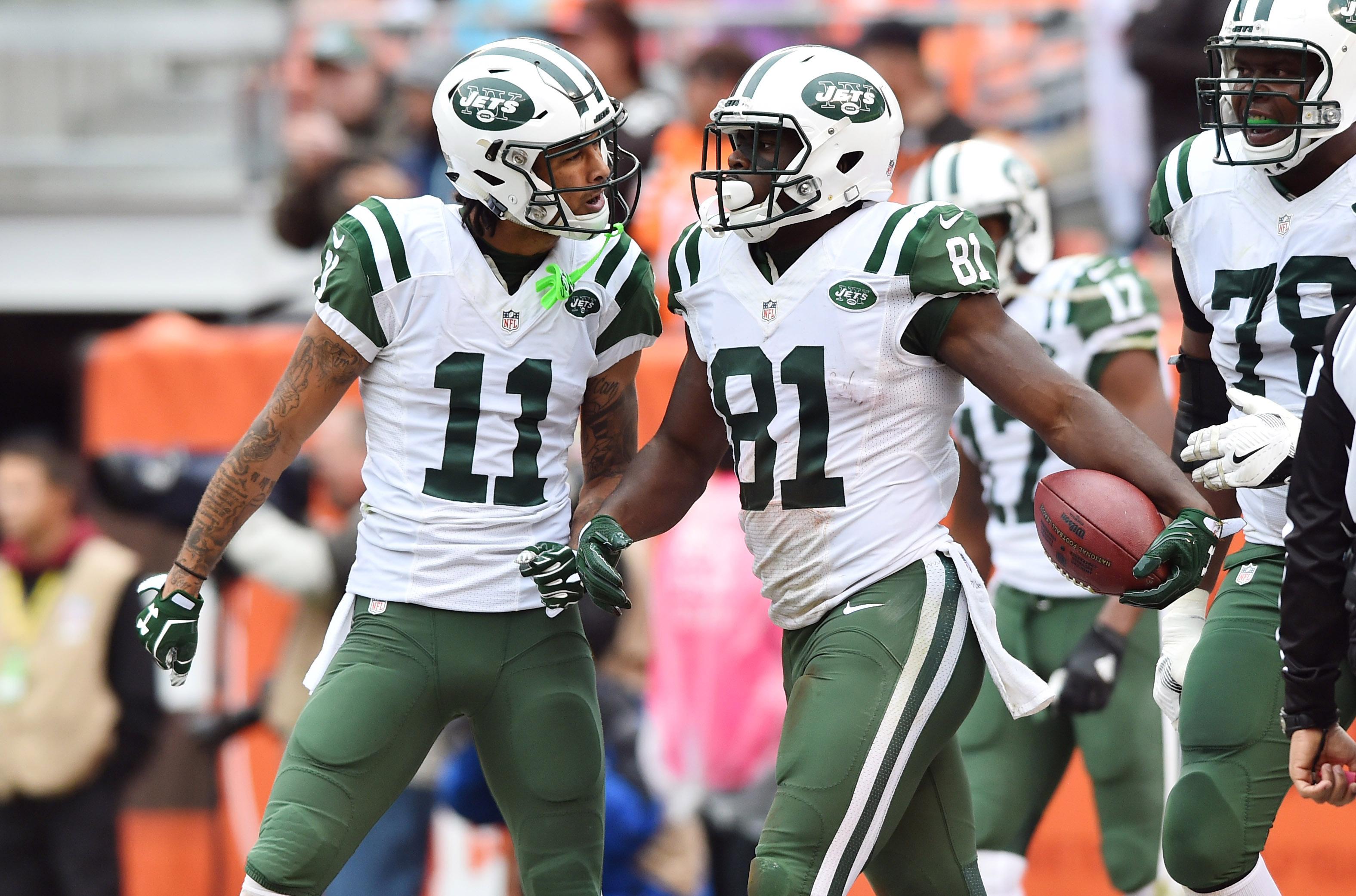 New York Jets wide receiver Robby Anderson (11) celebrates with wide receiver Quincy Enunwa (81) after Enunwa scored a touchdown against the Cleveland Browns during the second half at FirstEnergy Stadium.