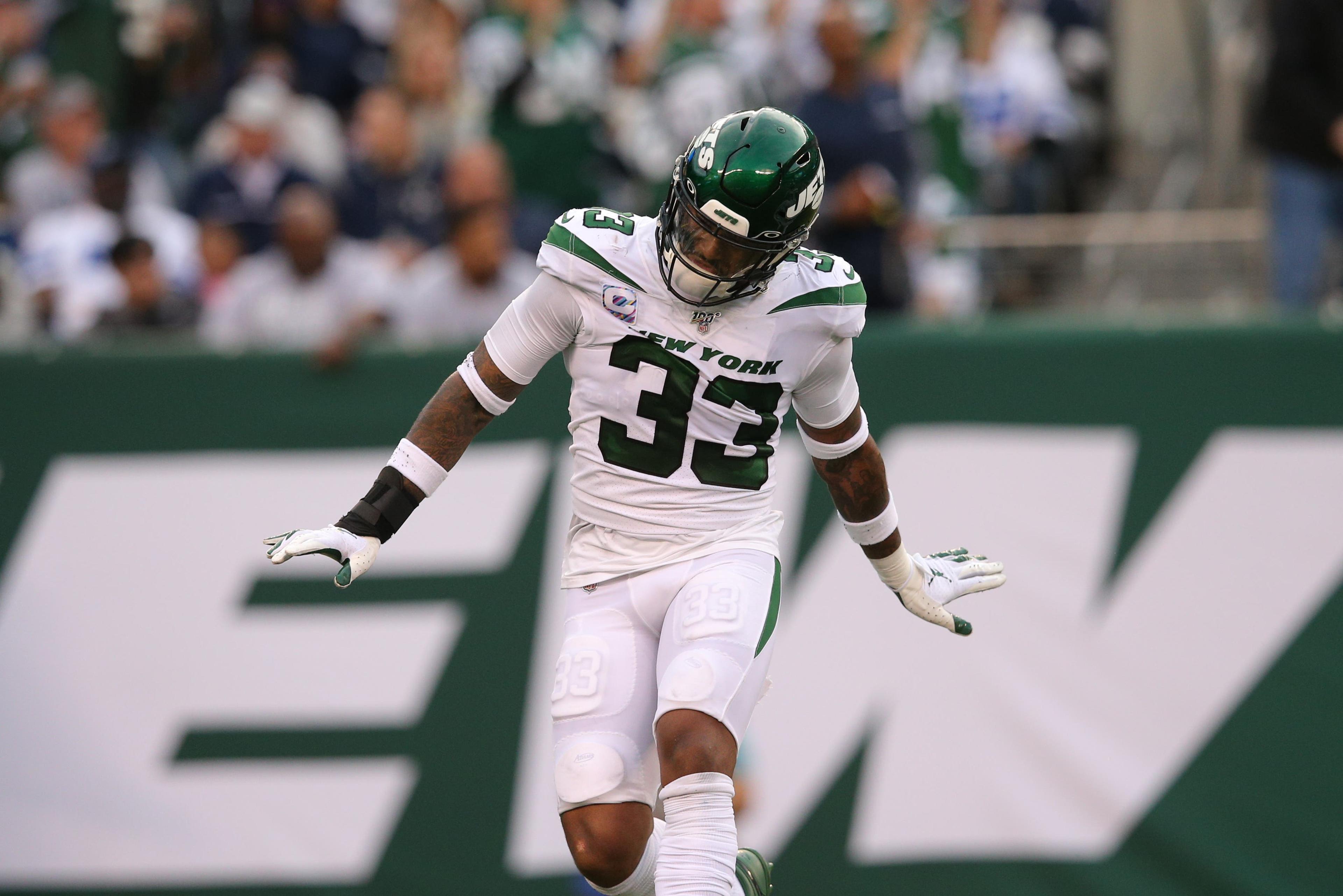 Oct 13, 2019; East Rutherford, NJ, USA; New York Jets safety Jamal Adams (33) celebrates during the second quarter against the Dallas Cowboys at MetLife Stadium. Mandatory Credit: Brad Penner-USA TODAY Sportsundefined