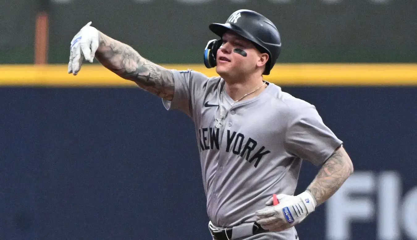 New York Yankees outfielder Alex Verdugo (24) celebrates hitting home run against the Milwaukee Brewers in the first inning at American Family Field. / Michael McLoone-USA TODAY Sports
