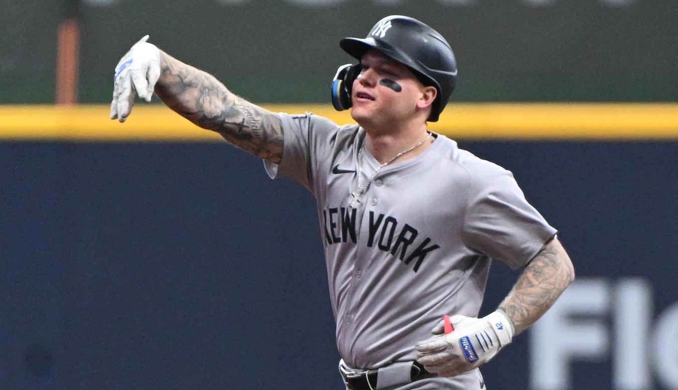 New York Yankees outfielder Alex Verdugo (24) celebrates hitting home run against the Milwaukee Brewers in the first inning at American Family Field. / Michael McLoone-USA TODAY Sports