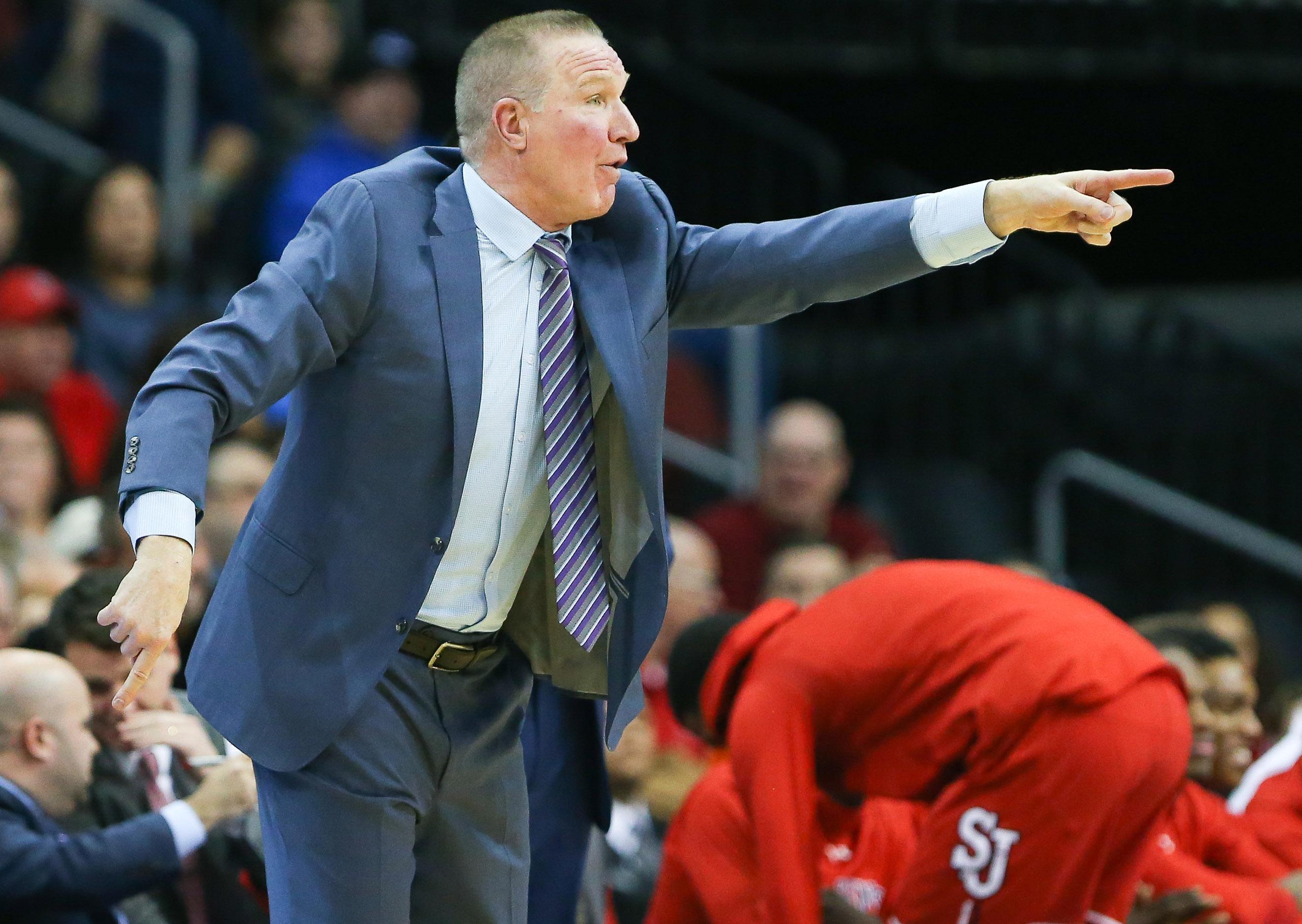 Dec 29, 2018; Newark, NJ, USA; St. John's Red Storm head coach Chris Mullen calls out during the first half against the Seton Hall Pirates at Prudential Center. Mandatory Credit: Vincent Carchietta-USA TODAY Sports