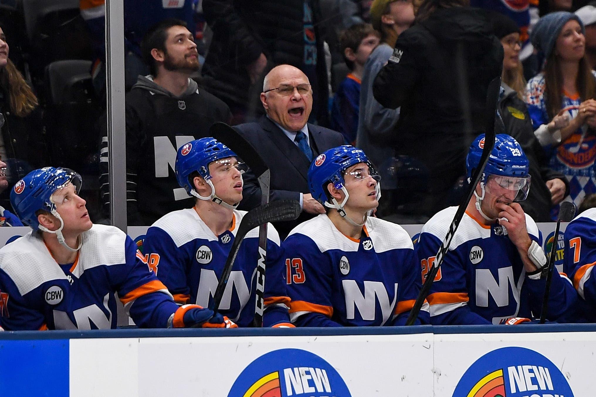 Mar 3, 2019; Uniondale, NY, USA; New York Islanders Head Coach Barry Trotz yells during the third period against the Philadelphia Flyers at Nassau Veterans Memorial Coliseum. Mandatory Credit: Dennis Schneidler-USA TODAY Sports / Dennis Schneidler