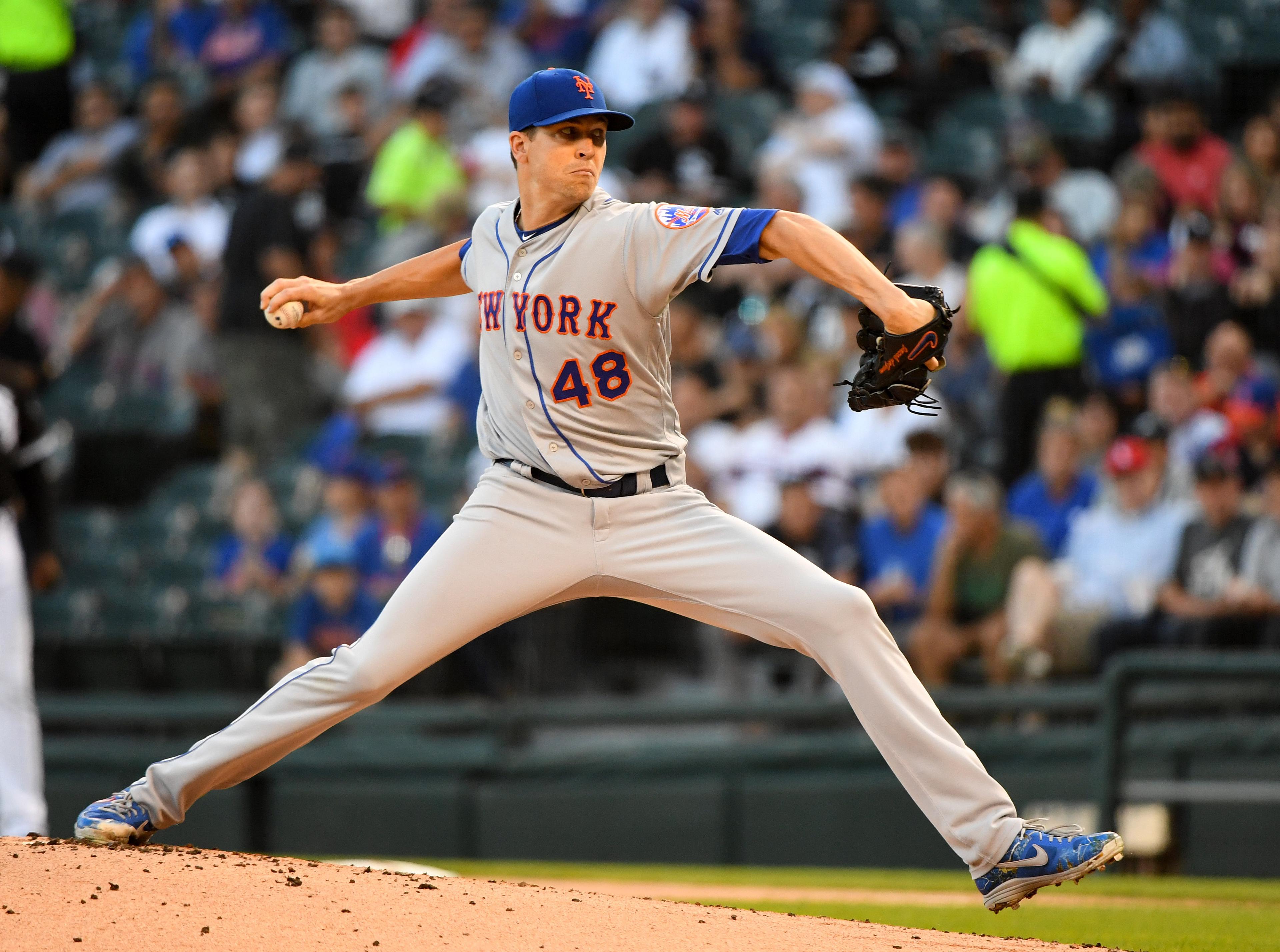 Jul 31, 2019; Chicago, IL, USA; New York Mets starting pitcher Jacob deGrom (48) throws a pitch against the Chicago White Sox during the first inning at Guaranteed Rate Field. Mandatory Credit: Mike DiNovo-USA TODAY Sports