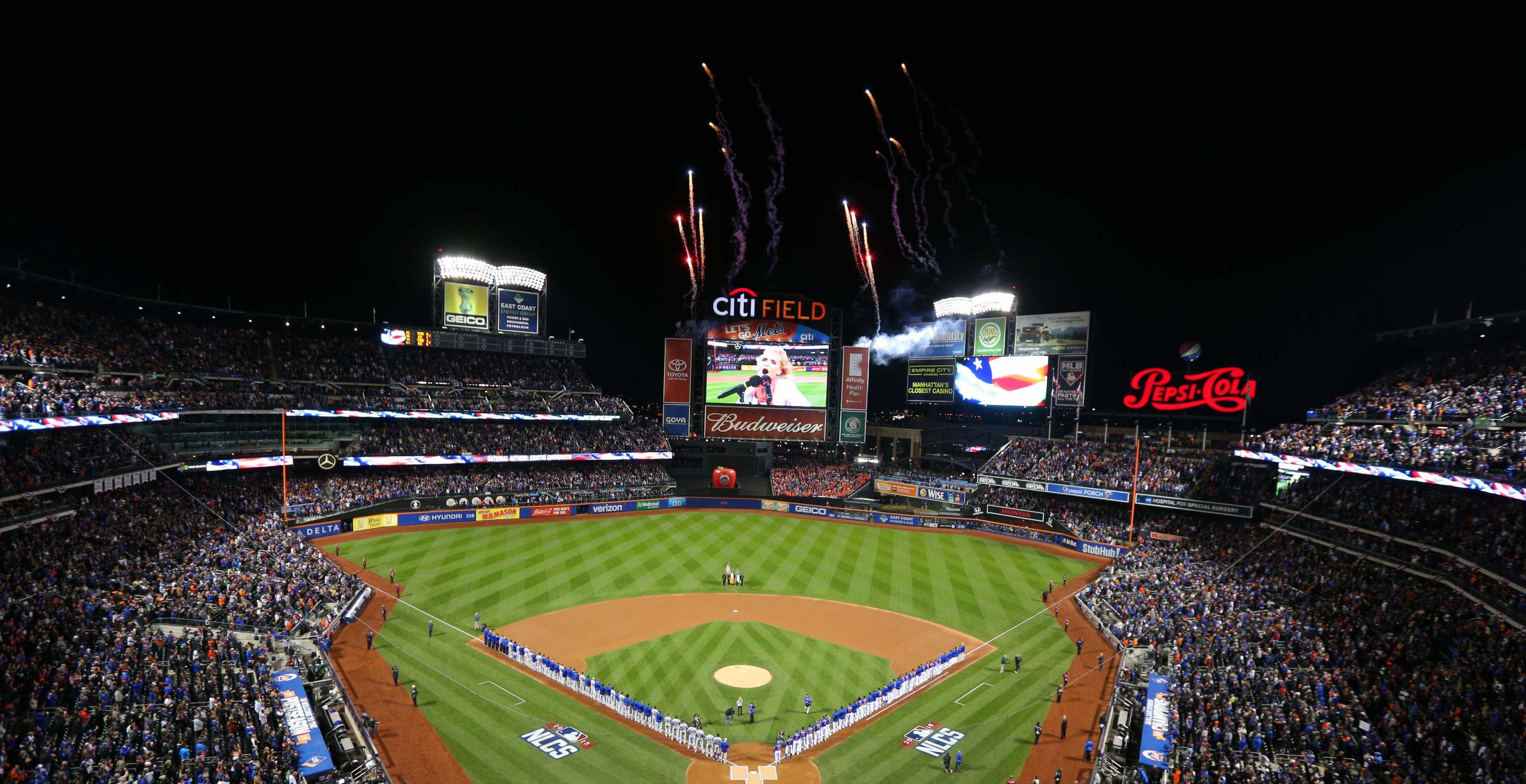 Oct 17, 2015; New York City, NY, USA; A general view during the playing of the national anthem before game one of the NLCS between the Chicago Cubs and the New York Mets at Citi Field. Mandatory Credit: Brad Penner-USA TODAY Sports / Brad Penner