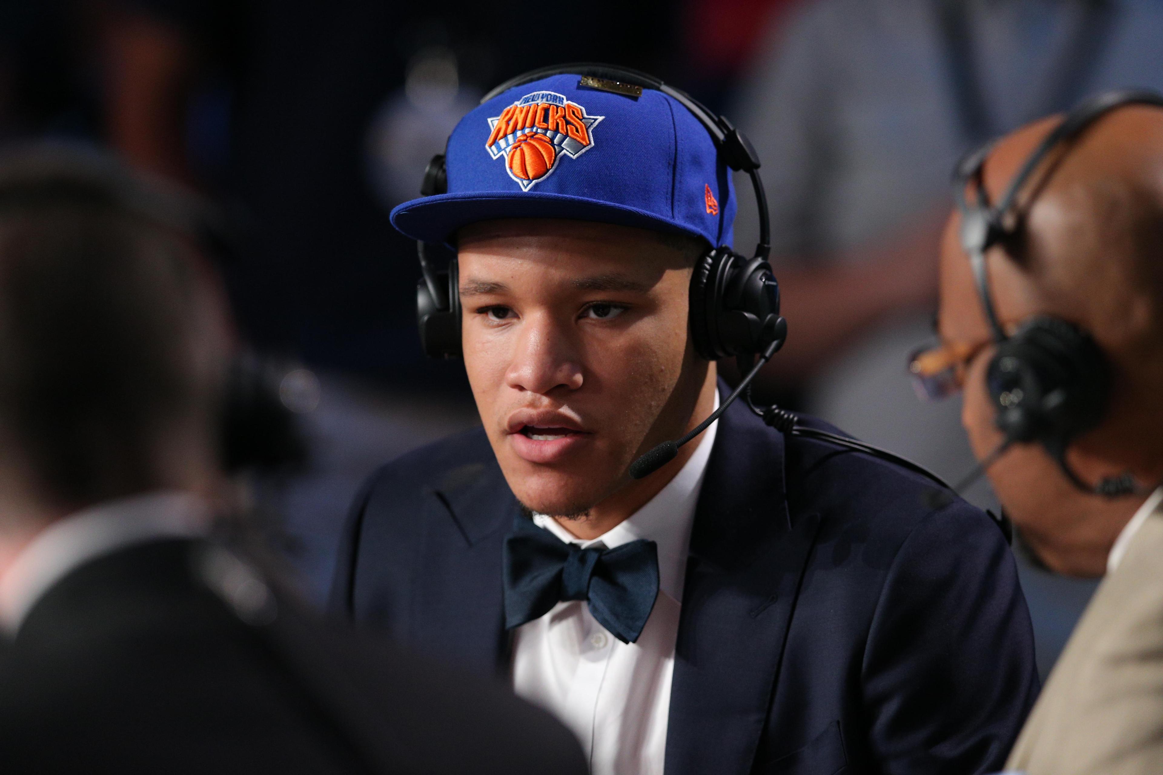 Jun 21, 2018; Brooklyn, NY, USA; Kevin Knox (Kentucky) is interviewed after being selected as the number nine overall pick to the New York Knicks in the first round of the 2018 NBA Draft at the Barclays Center. Mandatory Credit: Brad Penner-USA TODAY Sports 