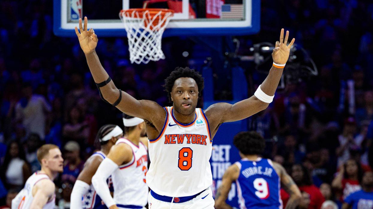 May 2, 2024; Philadelphia, Pennsylvania, USA; New York Knicks forward OG Anunoby (8) reacts to his three pointer against the Philadelphia 76ers during the second half of game six of the first round for the 2024 NBA playoffs at Wells Fargo Center. / Bill Streicher-USA TODAY Sports