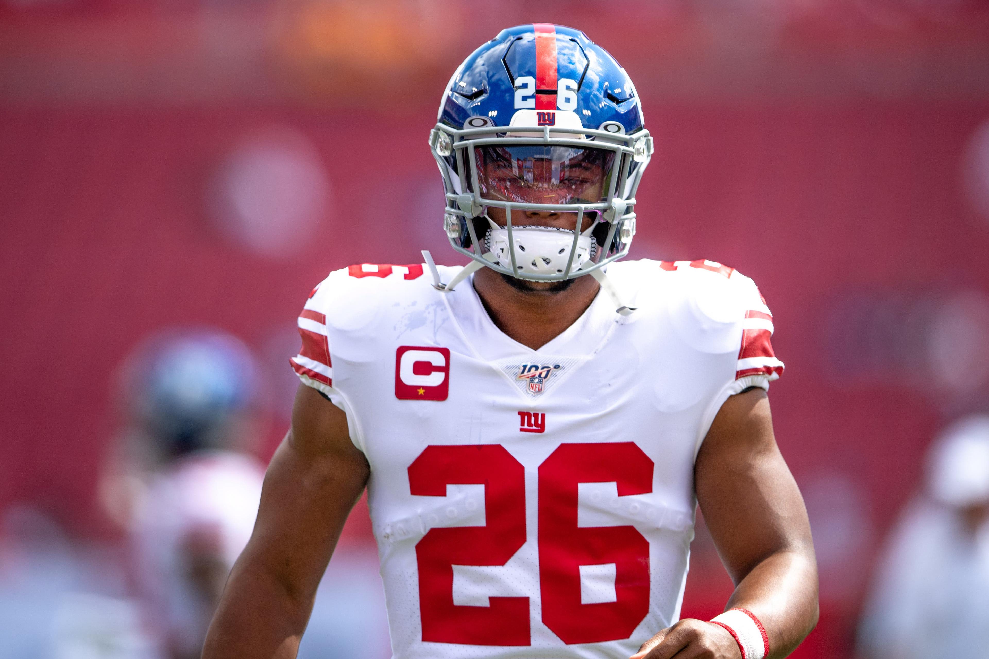 Sep 22, 2019; Tampa, FL, USA; New York Giants running back Saquon Barkley (26) walks on the field prior to the game between the Tampa Bay Buccaneers and the New York Giants at Raymond James Stadium. Mandatory Credit: Douglas DeFelice-USA TODAY Sports / Douglas DeFelice