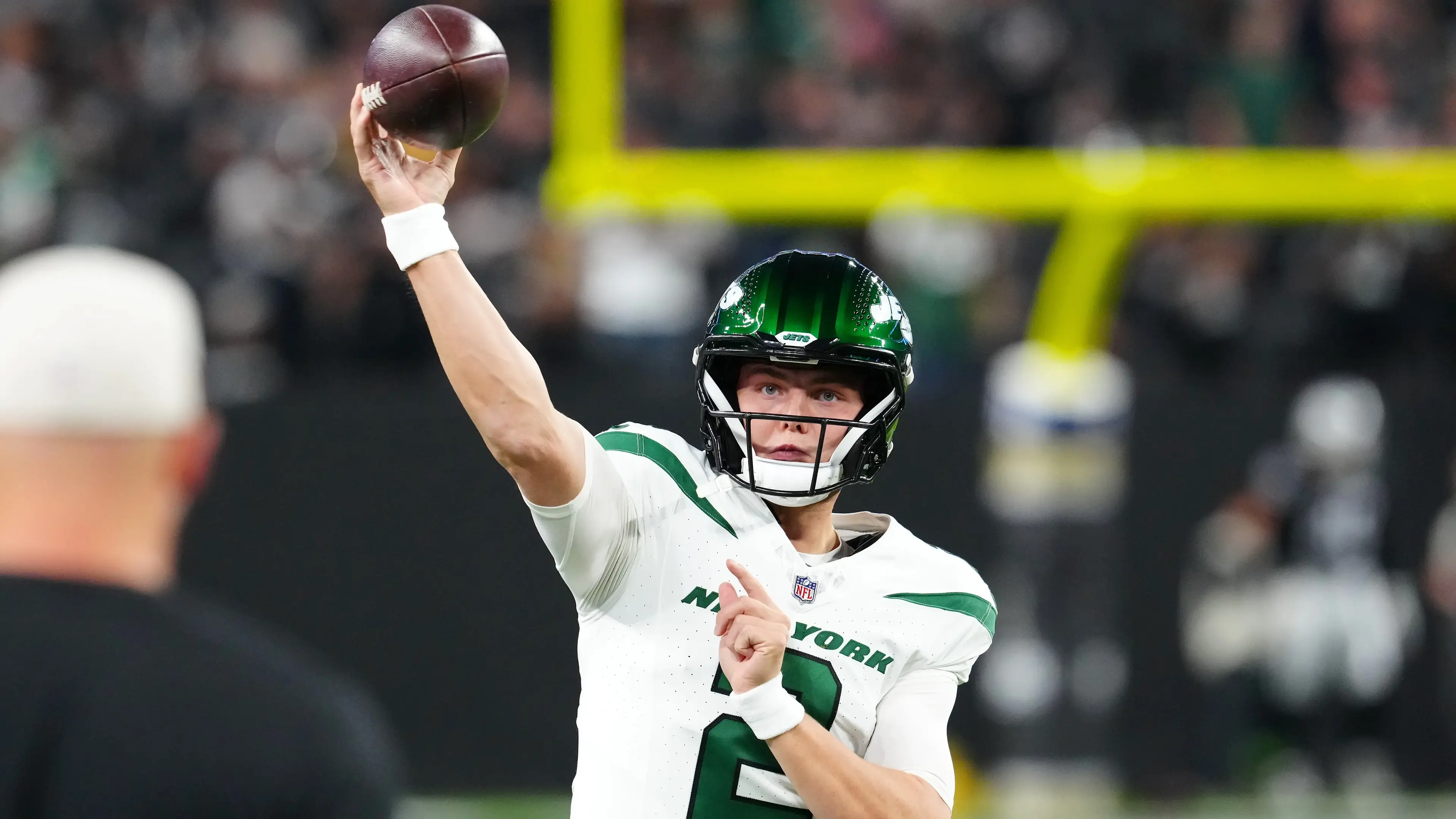 Nov 12, 2023; Paradise, Nevada, USA; New York Jets quarterback Zach Wilson (2) warms up before the start of a game against the Las Vegas Raiders at Allegiant Stadium. Mandatory Credit: Stephen R. Sylvanie-USA TODAY Sports / © Stephen R. Sylvanie-USA TODAY Sports